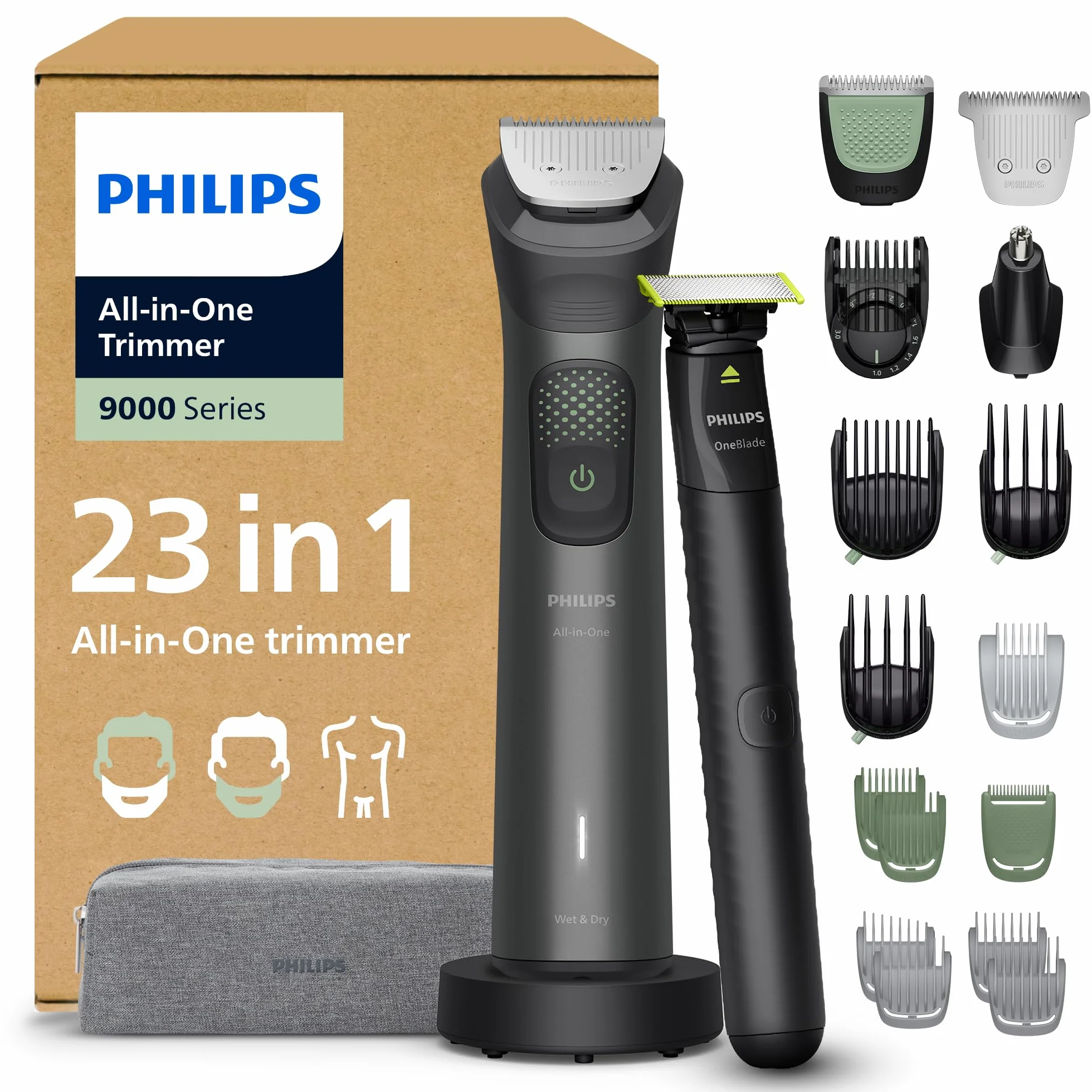 Philips Multigroom All-in-One z serii 9000, 23-elementowy kompleksowy zestaw do pielęgnacji twarzy, głowy i ciała, dodatkowy trymer OneBlade, 27 ustawień długości (0,2–20 mm), model MG9561/30