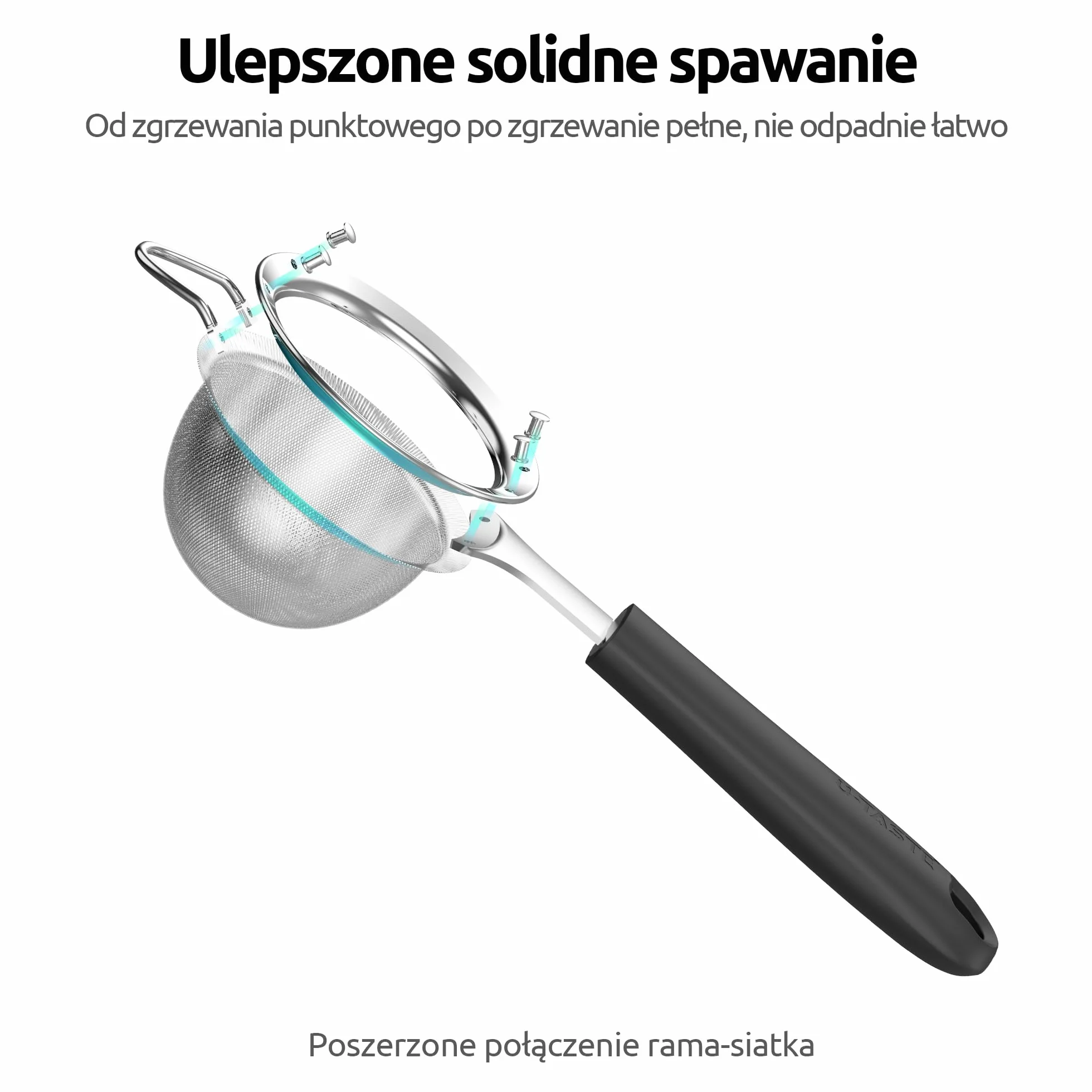 U-Taste Sitko o drobnych oczkach: Małe sitko kuchenne ze stali nierdzewnej 18/8 z nitowanym, wytrzymałym silikonowym uchwytem do przesiewania mąki, herbaty, ryżu Quinoa (8,5 cm, Czarny)