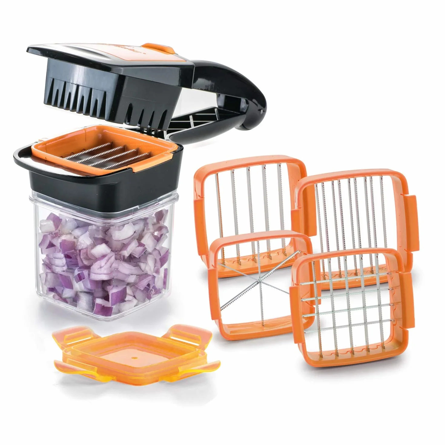 Genius A34099 Nicer Dicer Quick Szatkownica do Owoców i Warzyw, 5 w 1 z Wymiennymi Wkładkami Nożowymi, Stal Nierdzewna, Pomarańczowa