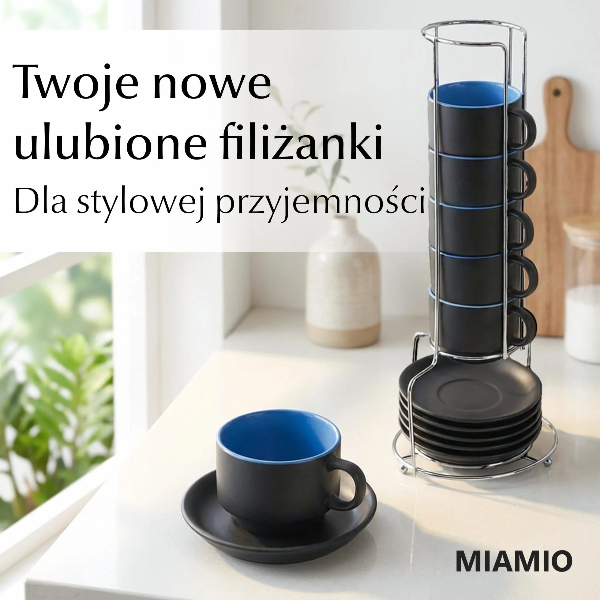 MIAMIO Zestaw kubków espresso 6x75 ml kamionka czarne zewnątrz kolorowe wewnątrz Le Papillon Niebieski
