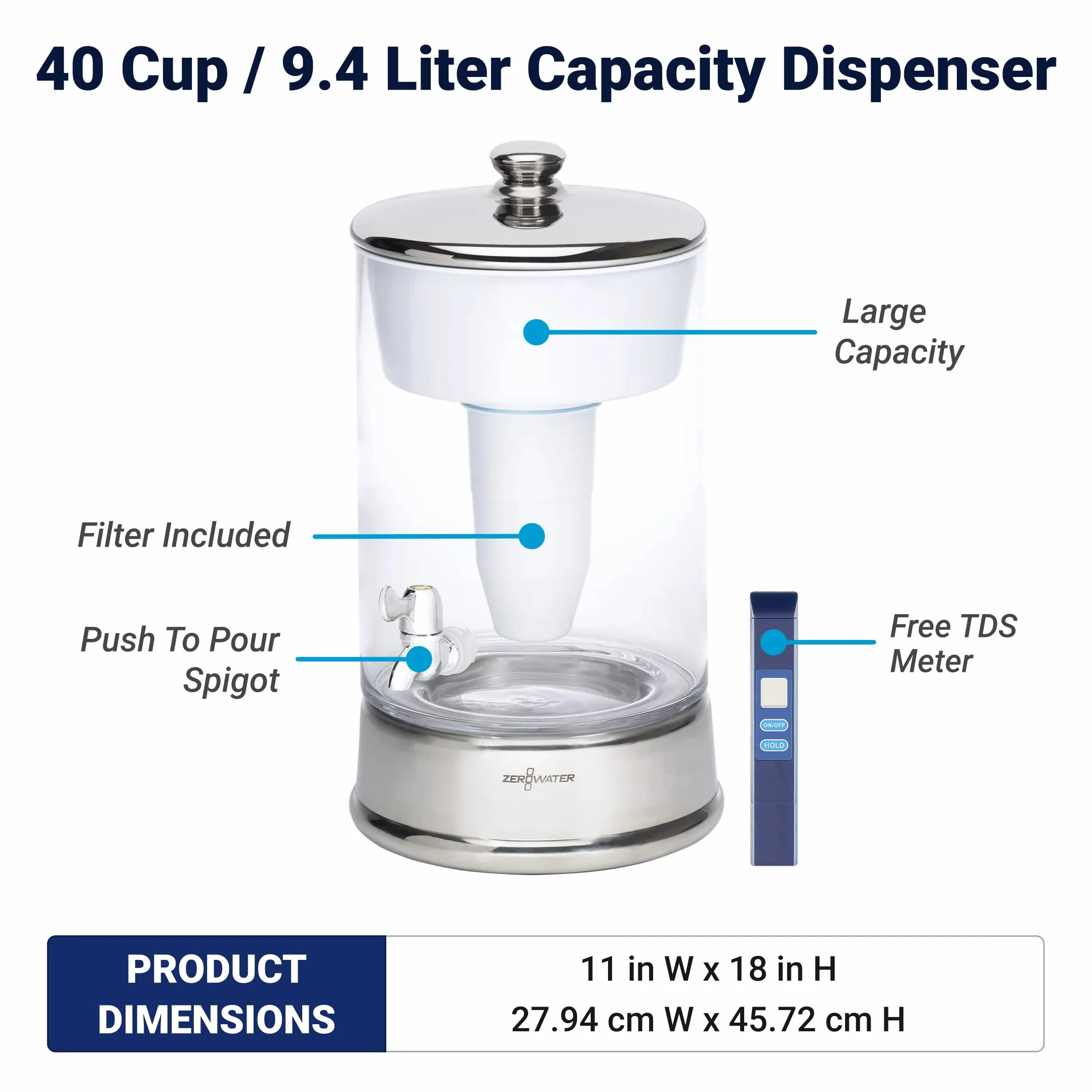 ZeroWater 9l Filtrujący Szklany Dystrybutor Wody z 5-stopniową Filtracją NSF