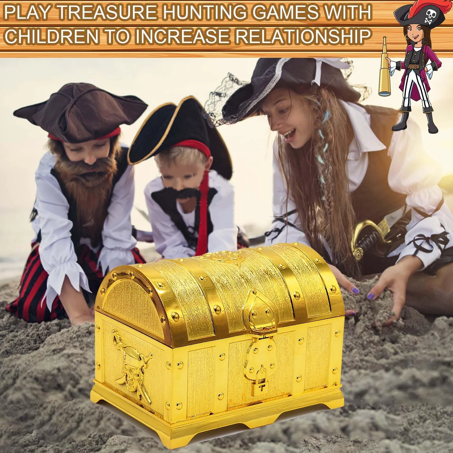 Skrzynia skarbów Piratów Caribe z zamkiem na klucze dla dzieci pozłacana
