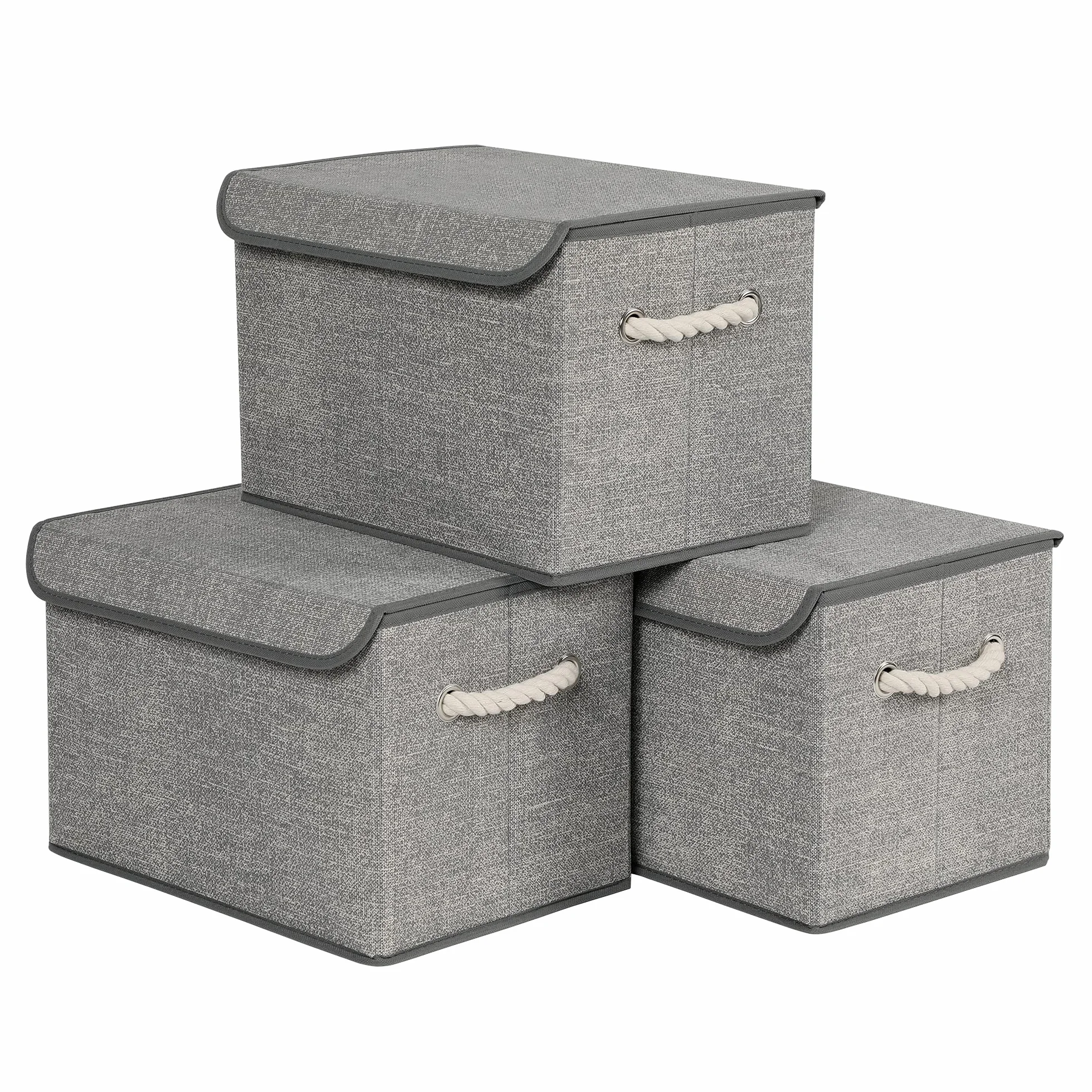 SONGMICS Pudełka do przechowywania, zestaw 3, materiałowe pudełka z pokrywą, bawełniane uchwyty, wygląd lnu, szary RFB013G02