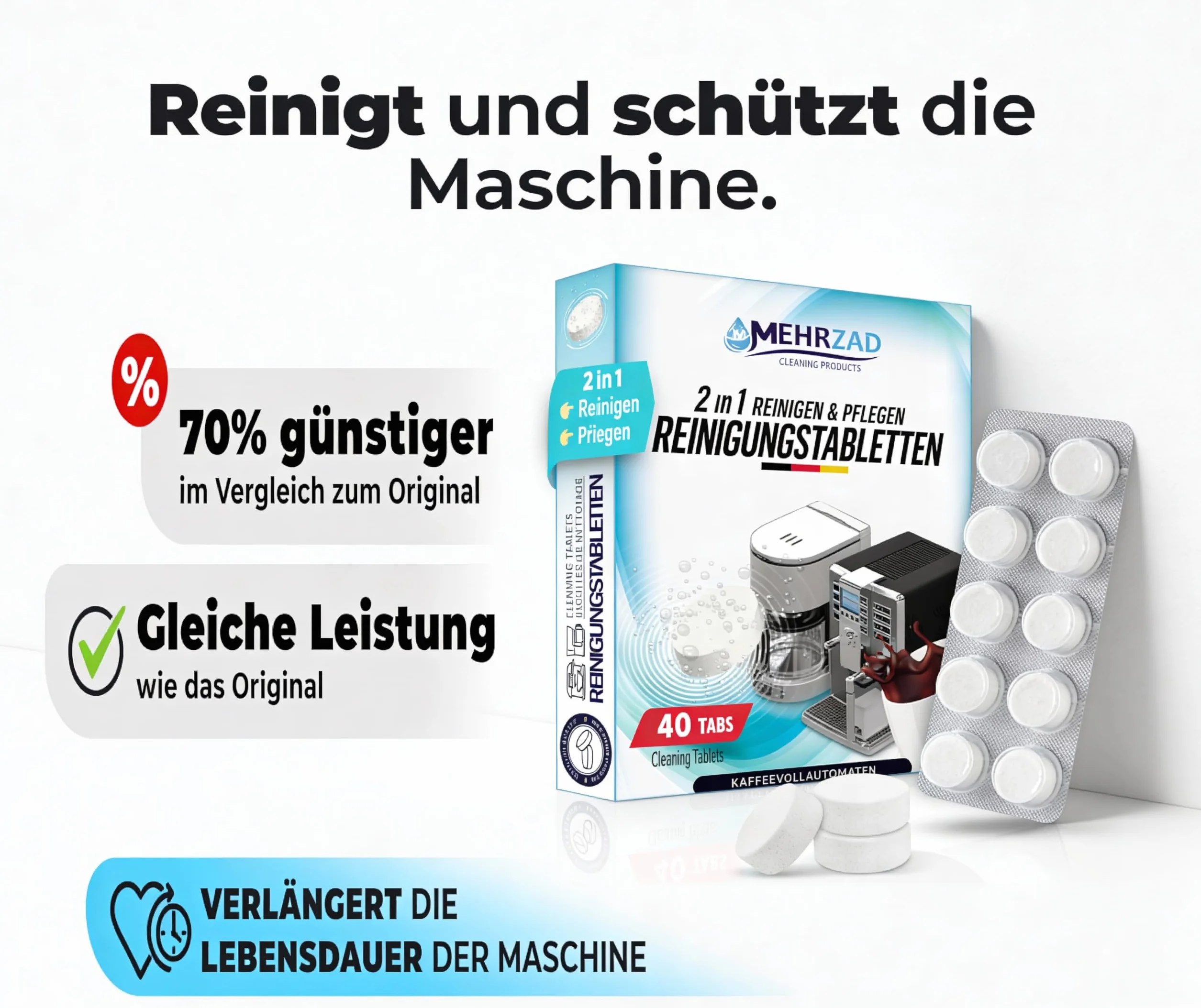 Tabletki czyszczące do ekspresu do kawy, kompatybilne i przetestowane dla Siemens EQ-Series i Krups, 40 x 2 g, przyjazne dla środowiska, bardzo mocna formuła czyszcząca „Made in Germany”