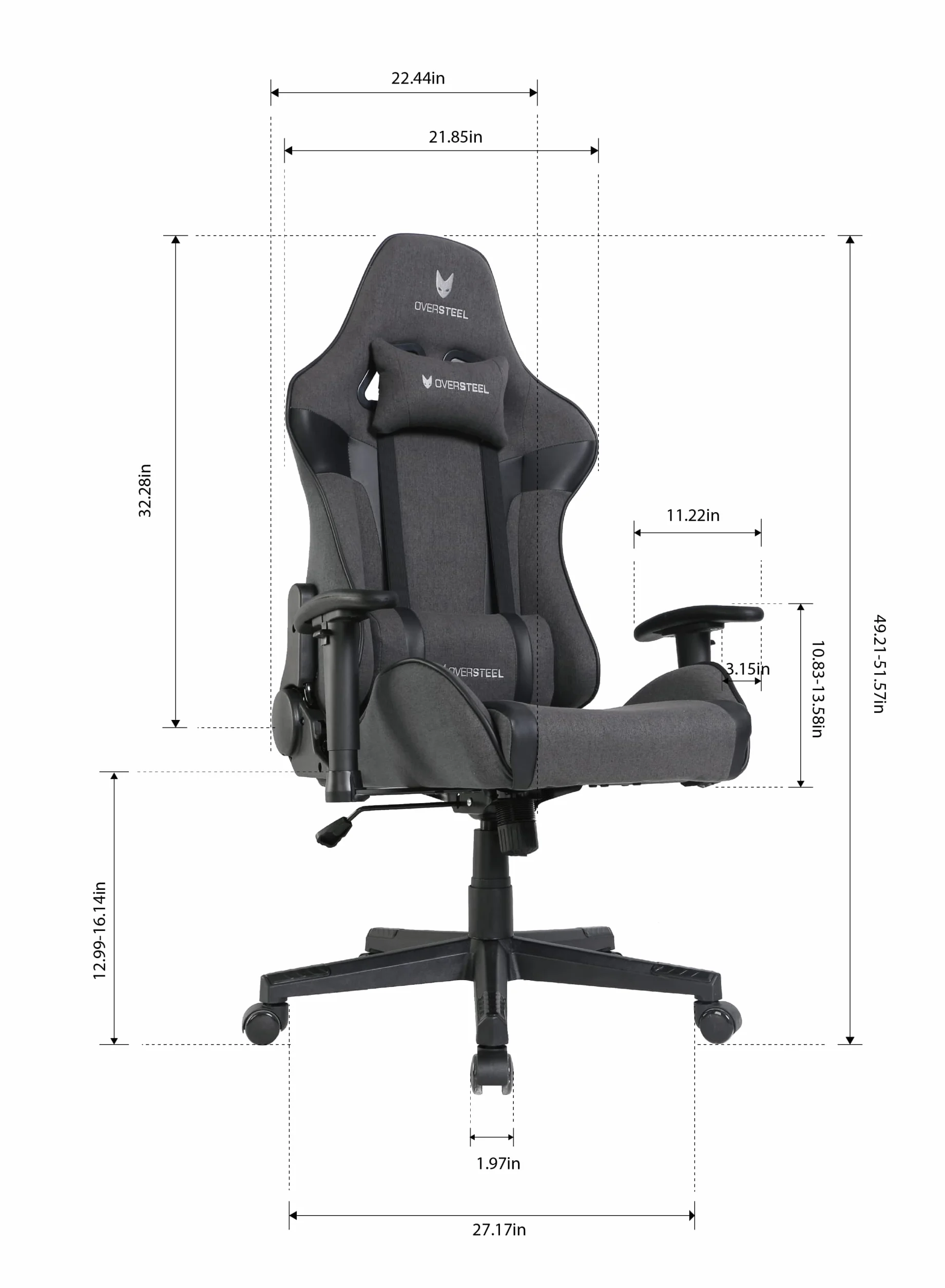 Oversteel ULTIMET Fotel dla graczy, oddychająca tkanina, podłokietniki 2D, regulowana wysokość, 180°, 120 kg, czarny