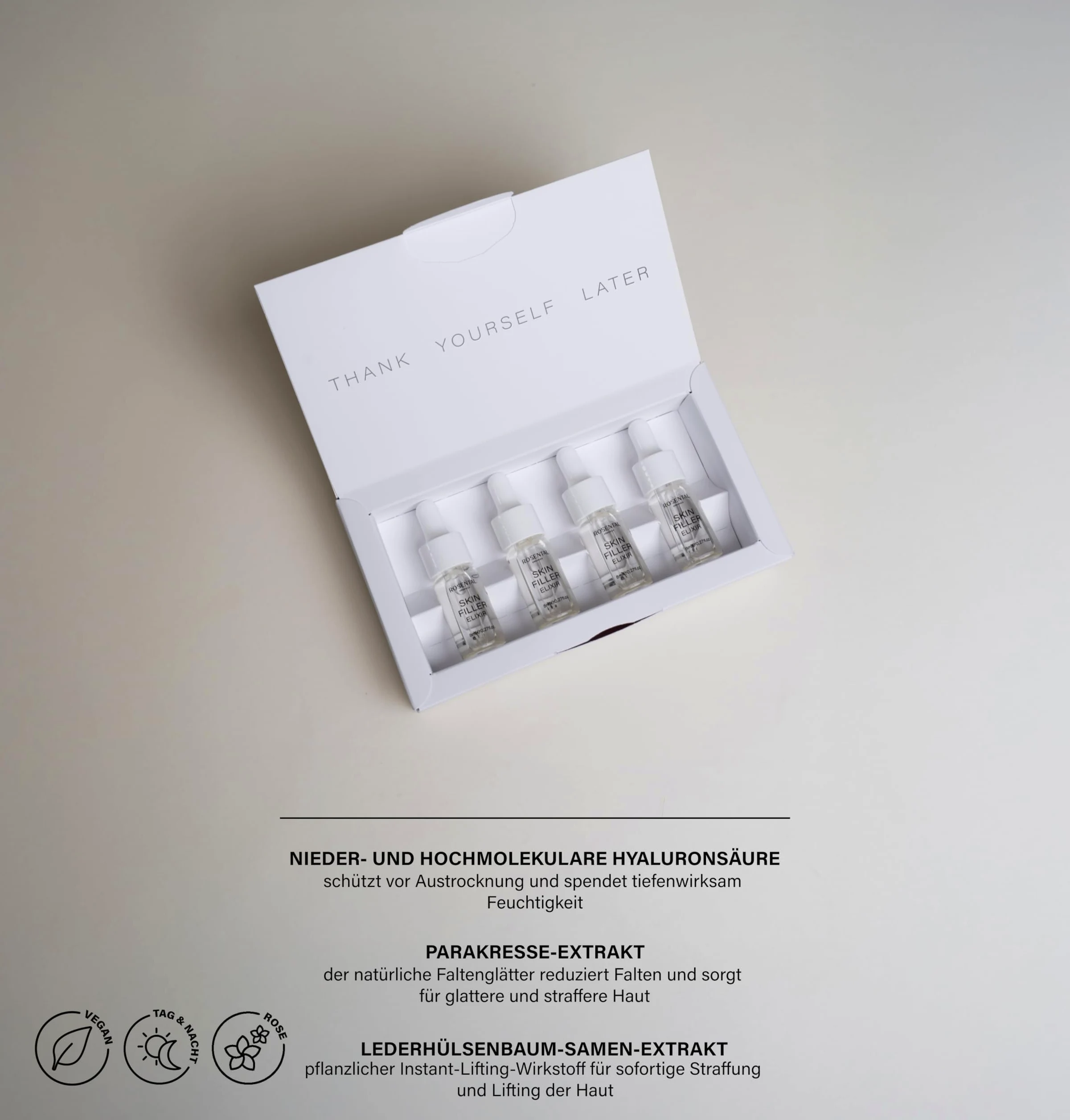Rosental Organics Skin Filler Elixir serum do skóry nawilżające i redukujące zmarszczki – wygładzające, regenerujące, ujędrniające, wegańskie – 4 x 8 ml