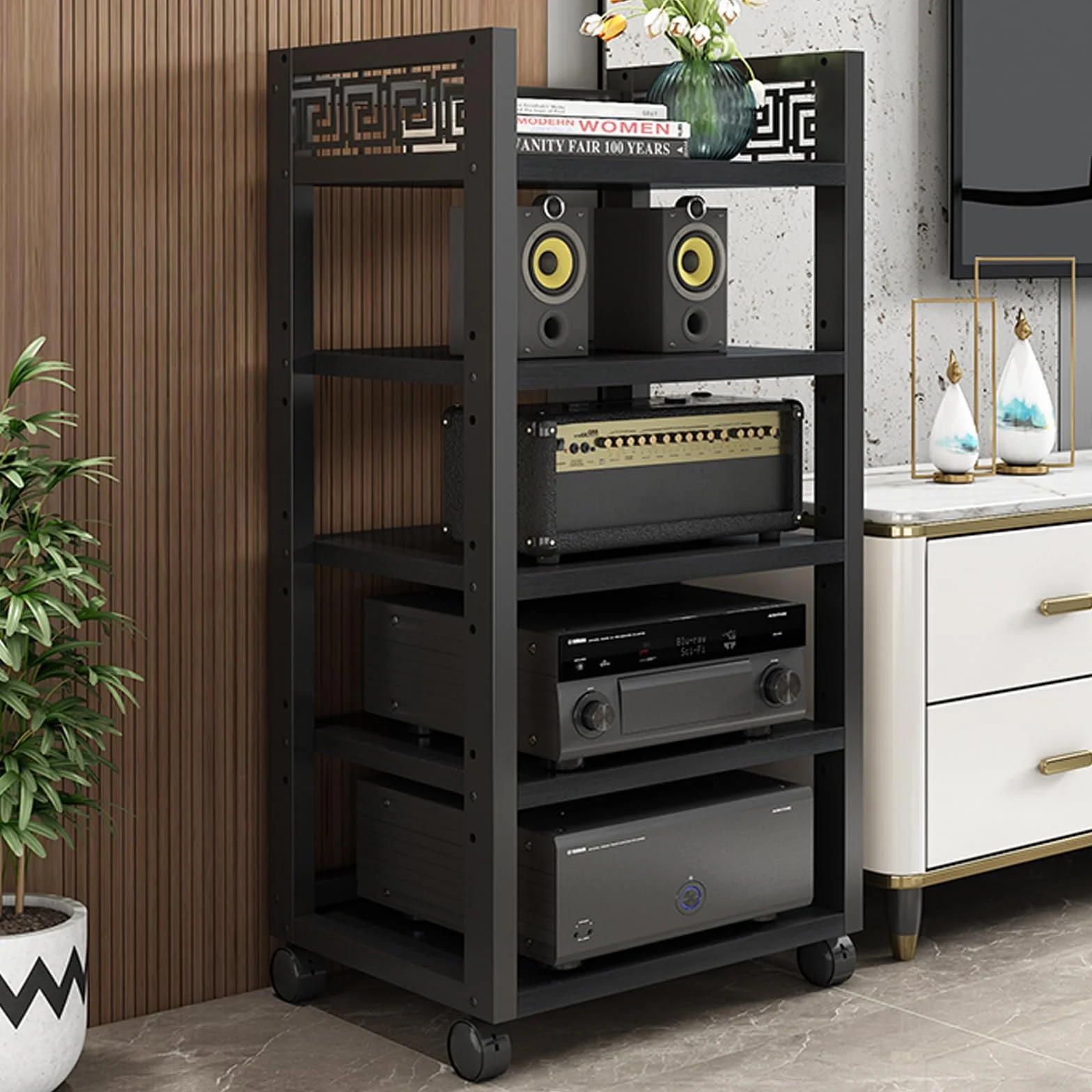 5-poziomowy narożny stojak multimedialny, regał na system gier, mobilna szafka AV, wieża audio z regulacją wysokości do domu/biura/audio wideo/DJ/teatru