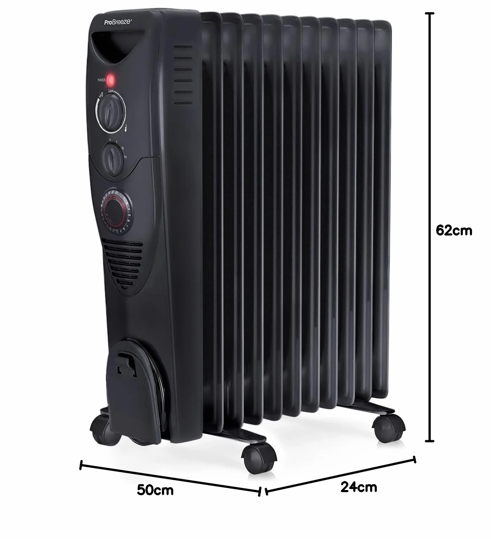 ProBreeze Olejowy Grzejnik Elektryczny 2500W z Termostatem 24h Timer 3 Poziomy Mocy Czarny