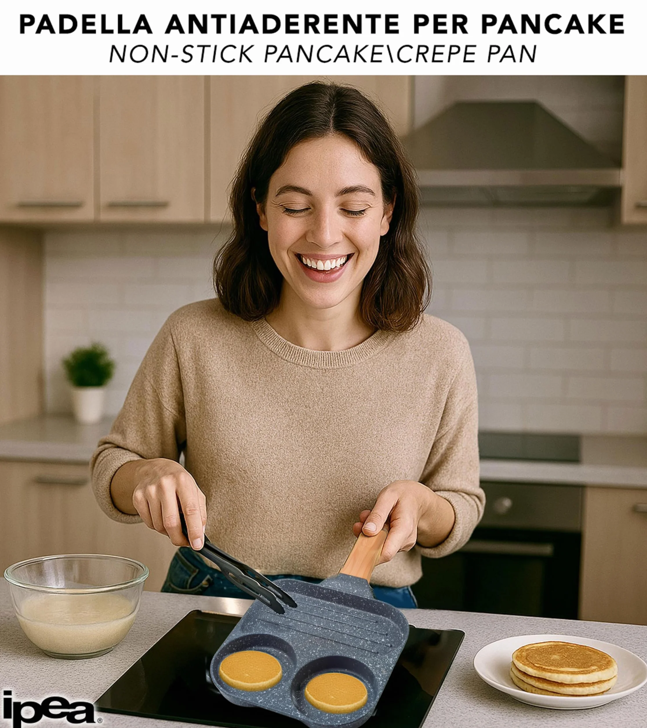 IPEA Nieprzywierająca patelnia do naleśników do indukcji i gazu – 21 cm, aluminiowa patelnia antyadhezyjna, do omletów, naleśników, jaj, hamburgerów, patelni z 4 formami - Super wygodny uchwyt