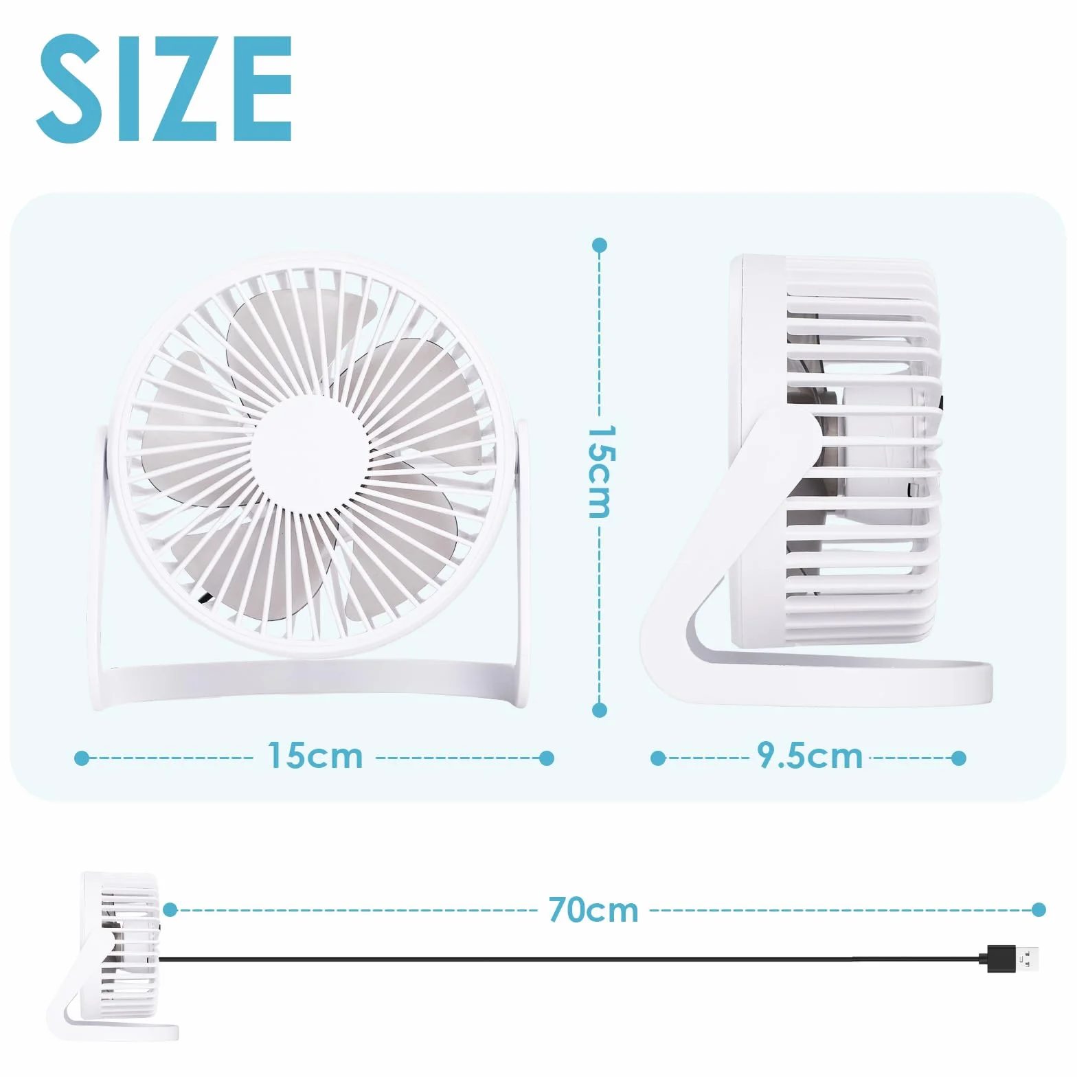 WD&CD Wentylator biurkowy USB, cichy mini wentylator, przenośny, stołowy, do biura, domu, akademika, na podróż, obrót o 360°, energooszczędny, kompaktowy wentylator chłodzący, 13 cm, biały