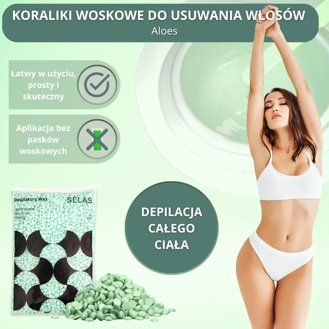 Kulki wosku SELAS Aloe Vera 400 g – Ciepłe kulki wosku do depilacji | Wosk do depilacji i kulki wosku do depilacji twarzy, ciała i skóry wrażliwej | Do depilacji woskiem, podgrzewaczy