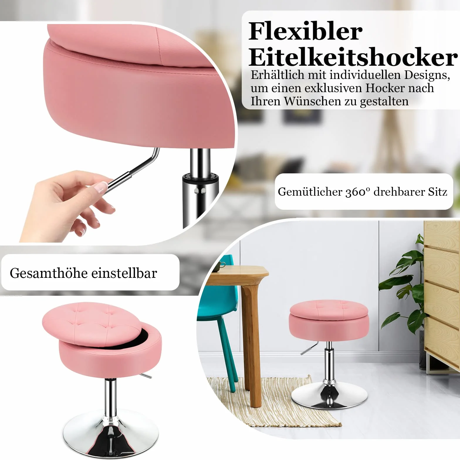 COSTWAY Taboret do Makijażu Obracany 360°, Toaletki z Miejscem do Przechowywania, Wysokość Siedziska 51-66 cm, Tapicerowany, Różowy