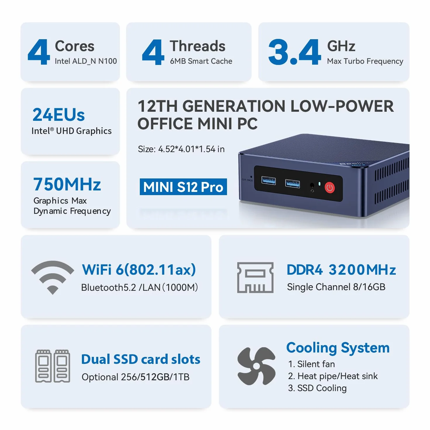 Beelink MINI-S12 Mini PC, procesor Intel Alder Lake-N95 (do 3,40 GHz), mini komputer, 16 GB pamięci RAM, dysk SSD 512 GB, komputer stacjonarny dla biznesu HDMI/WiFi 5/BT 4.2/2,5G LAN/WOL