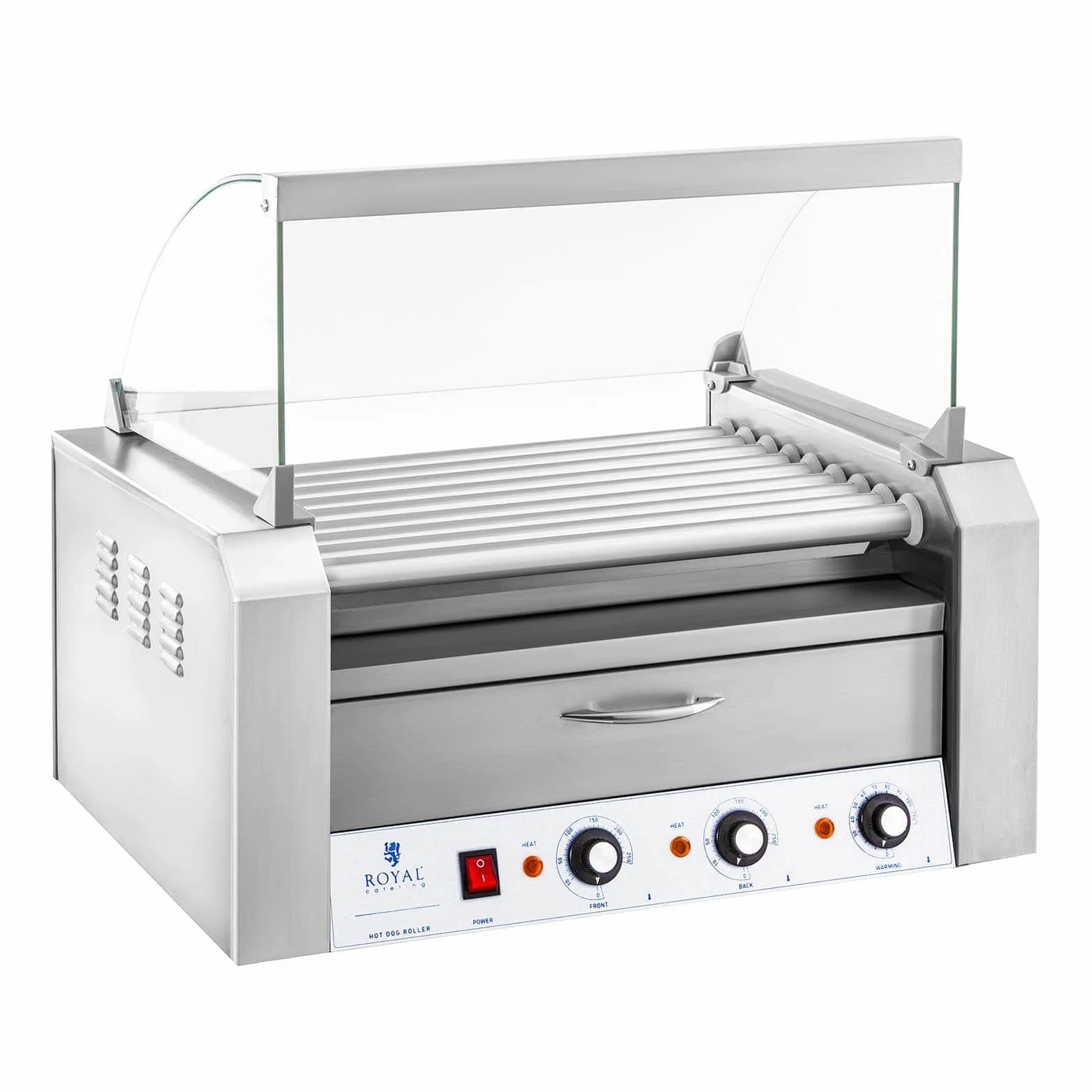 Royal Catering - Hot Dog Grill Hot Dog Maszyna (9 kółek, stal nierdzewna, 2200 W, 2 strefy grzewcze, wyjmowana szuflada na tłuszcz, szuflada na ciepło, 16 kiełbasek, z pokrywą ze szkła hartowanego)