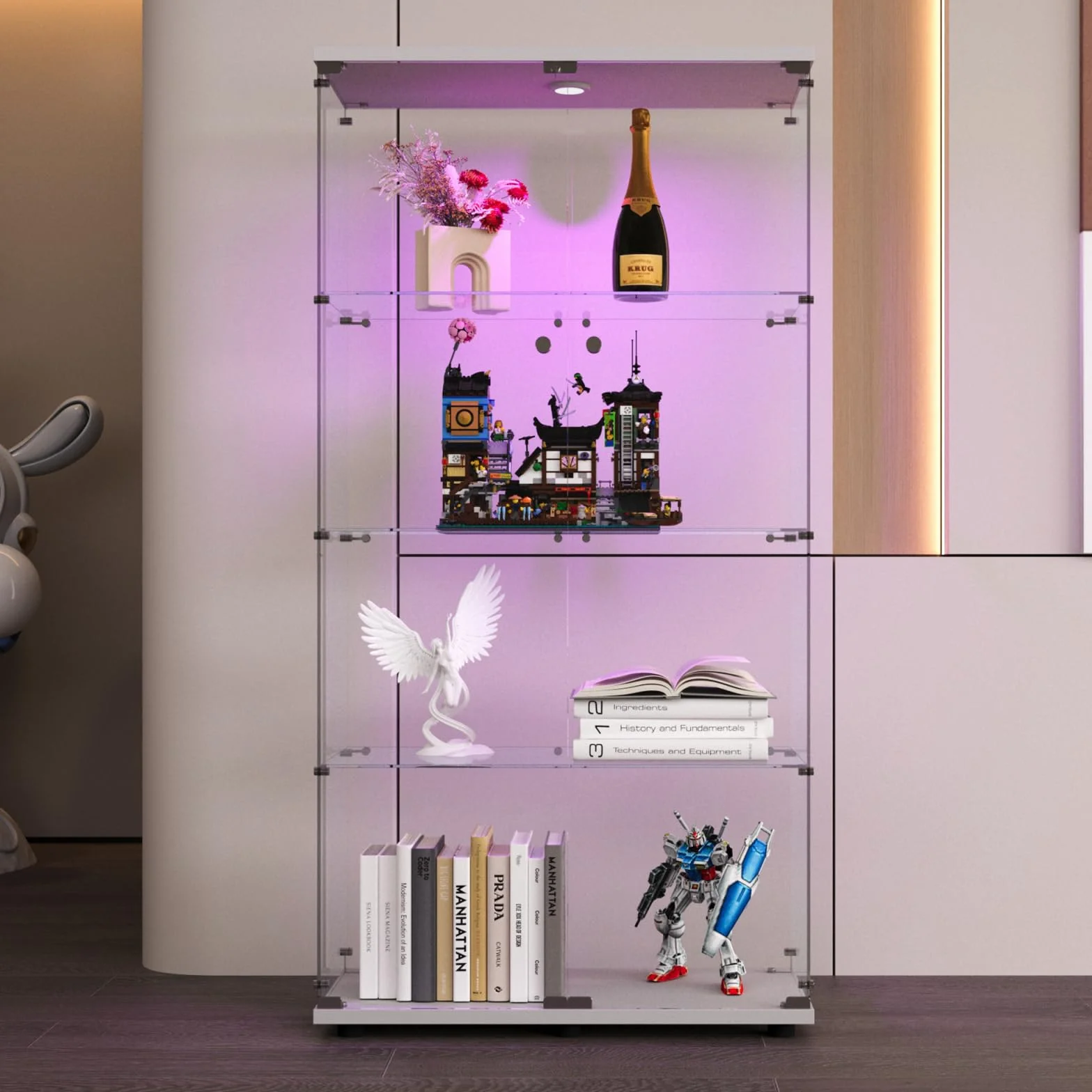 Szklana witryna LED 2 drzwi 4 półki ESG 164x80x36 cm biała