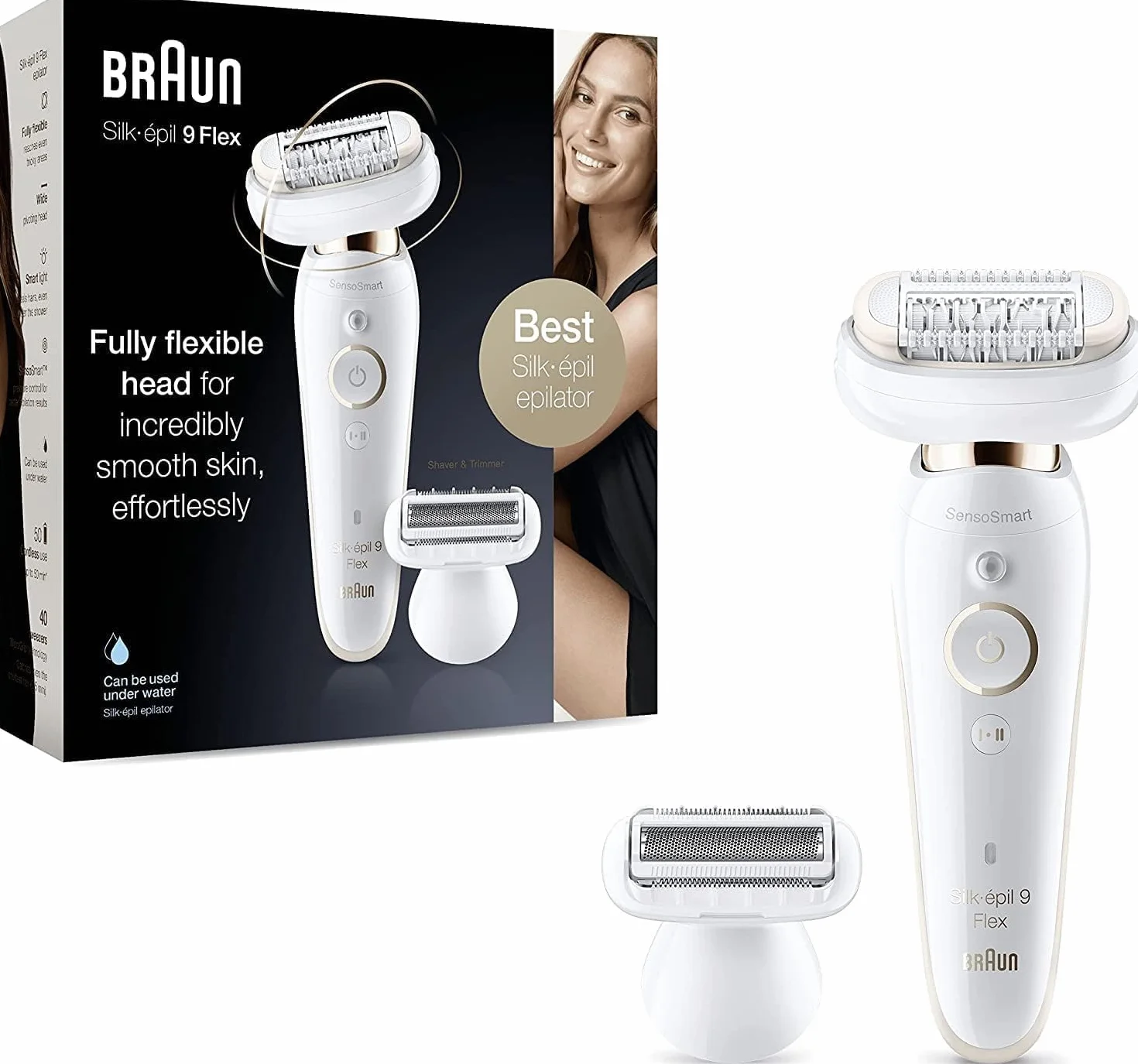 Braun Silk-épil 9 Flex 9-006 depilator dla kobiet/depilator do depilacji, 5 nasadek, torba, z elastyczną głowicą dla łatwiejszego usuwania włosów, 9-006, biały/złoty