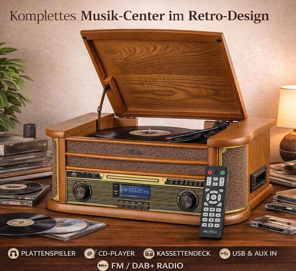 Reflexion HIF2002 wieża stereo retro z gramofonem, kasetą, odtwarzaczem CD i radiem DAB (DAB+, UKF/MW, MP3, USB, wyświetlaczem LCD, pilotem zdalnego sterowania, 80 W, obudowa z prawdziwego drewna), kolor brązowy