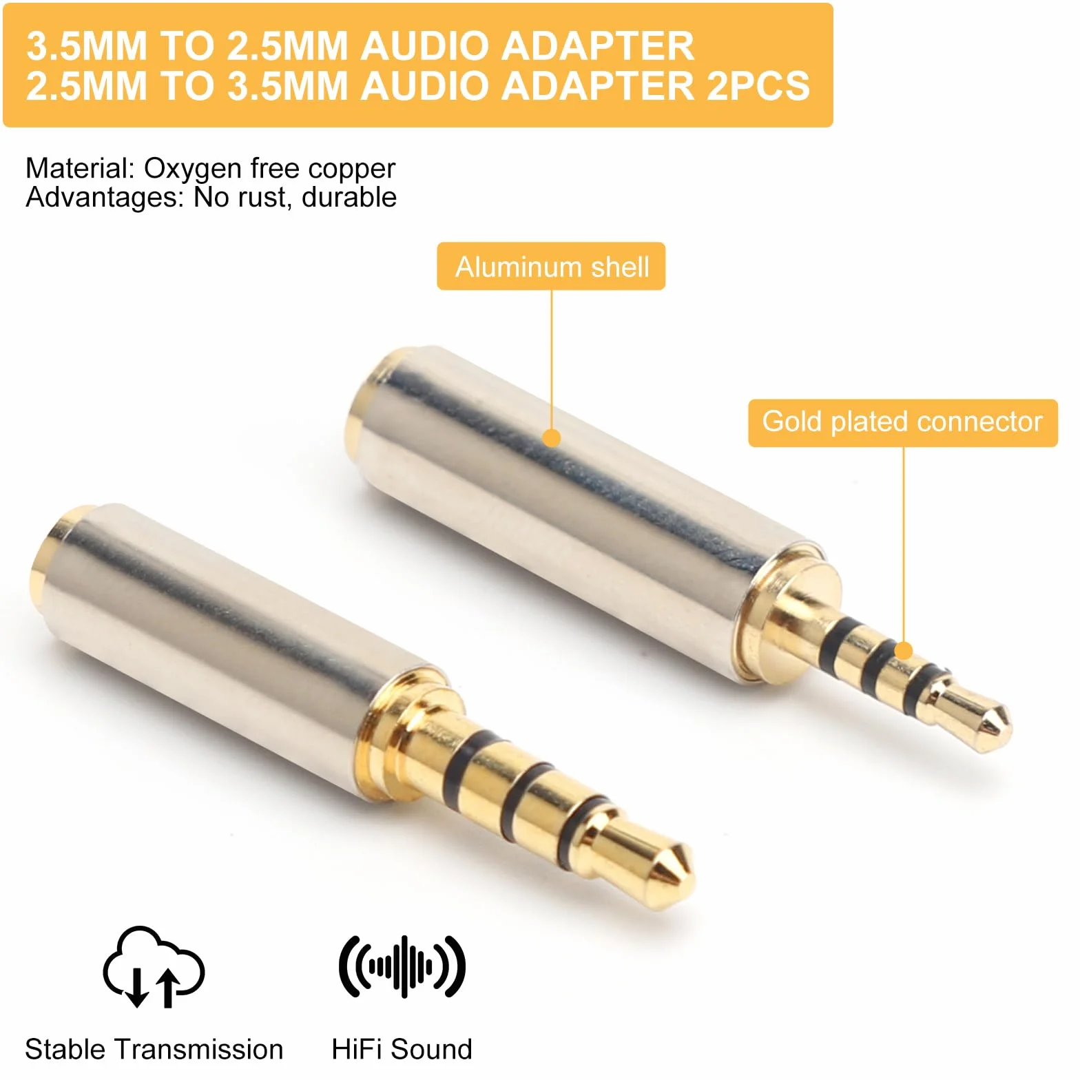 Zestaw 3 adapterów wtyczek jack HENGBIRD 2,5 mm na 3,5 mm i 3,5 mm na 2,5 mm do suchawek, telefonów komórkowych, odtwarzaczy MP3, komputerów i zczy AUX