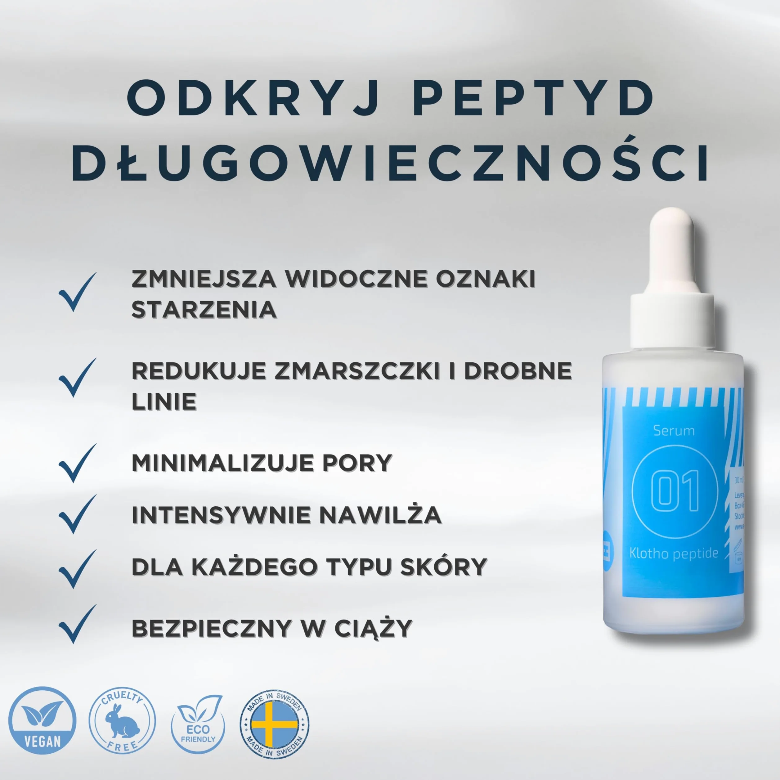 EiE 01 Serum do twarzy z peptydem Klotho – przeciwstarzeniowe i wygładzające z kwasem hialuronowym i retinolem – na zmarszczki i linie mimiczne – wegańskie, bezzapachowe, wyprodukowane w Szwecji 30 ml