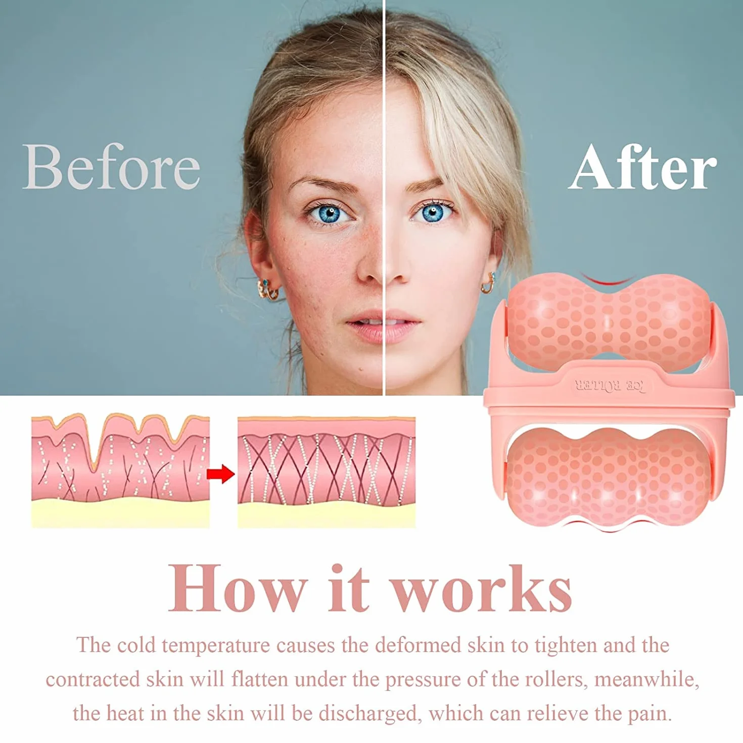 Ice Roller for Face and Eyes – narzędzie do pielęgnacji skóry twarzy z wałkiem 2 w 1 i etui do przenoszenia w celu zmniejszenia obrzęku i łagodzenia migrainy, pain. Prezent dla dziewcząt (różowy)
