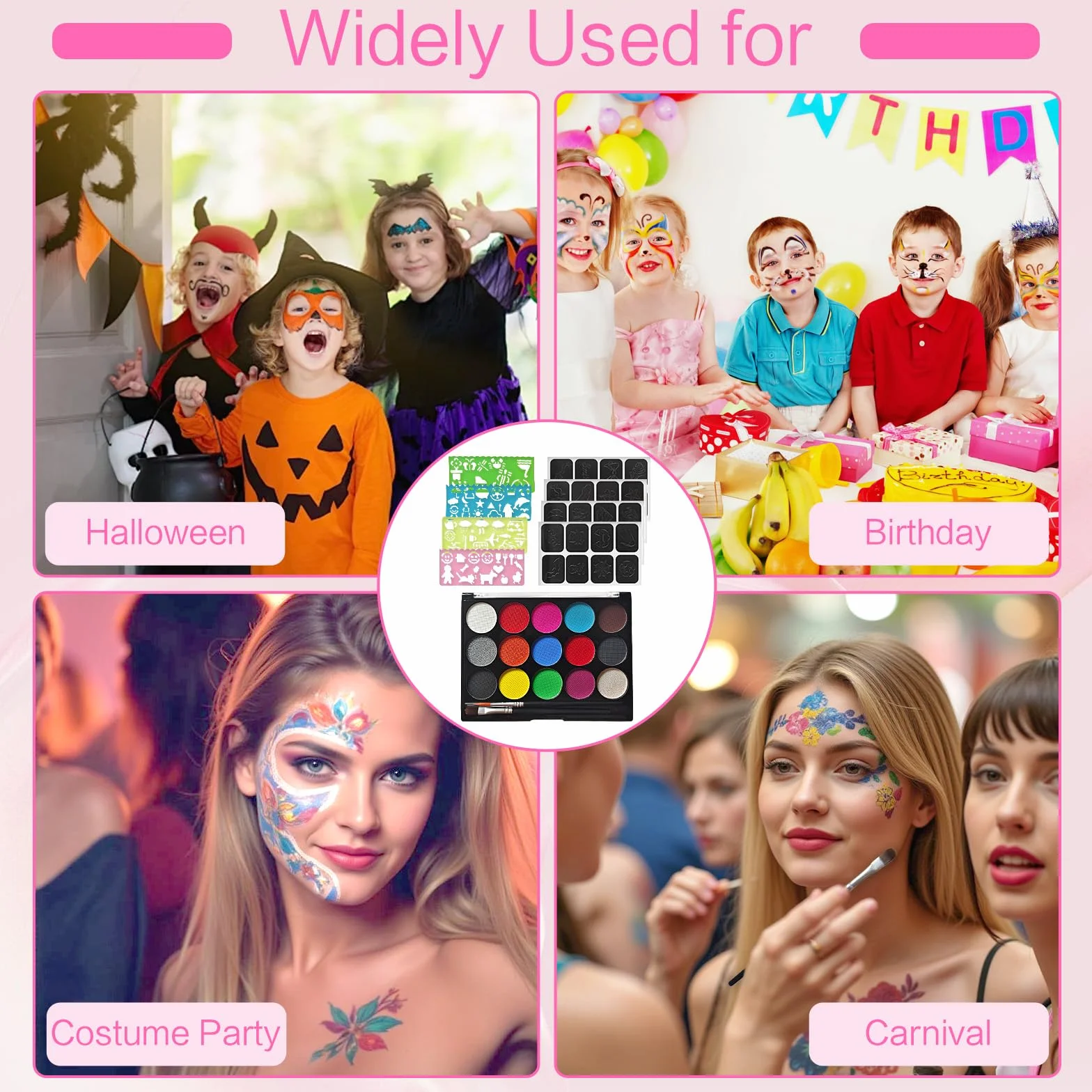 15 kolorów, zmywalny zestaw do makijażu dla dzieci, 91 wzorów karnawałowych, paleta farb do makijażu teatralnego, na bazie wody, Halloween, paleta farb do ciała z szablonem pędzla do skóry wrażliwej