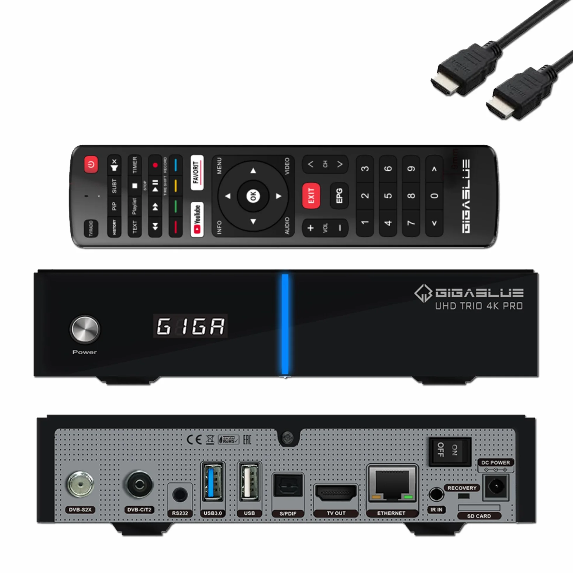 GigaBlue UHD Trio 4K PRO – 1 x DVB-S2X MS + 1 x odbiornik DVB-C/T2 Comb. sat. T2, E2 Linux TV Smart TV, riprod. multimed., Funz, PVR, 1200 Mb/s, WiFi, HTS