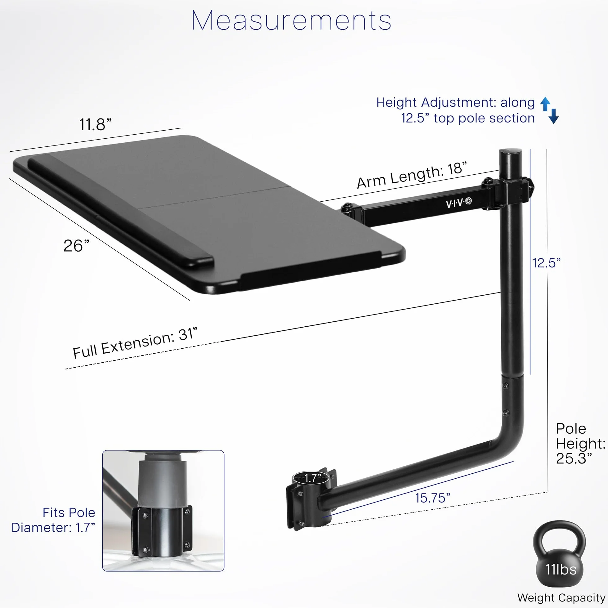 VIVO Krzesło biurowe z podkładką na klawiaturę i mysz MOUNT-KB08C, ergonomiczne nachylenie, obrót 360°, czarny