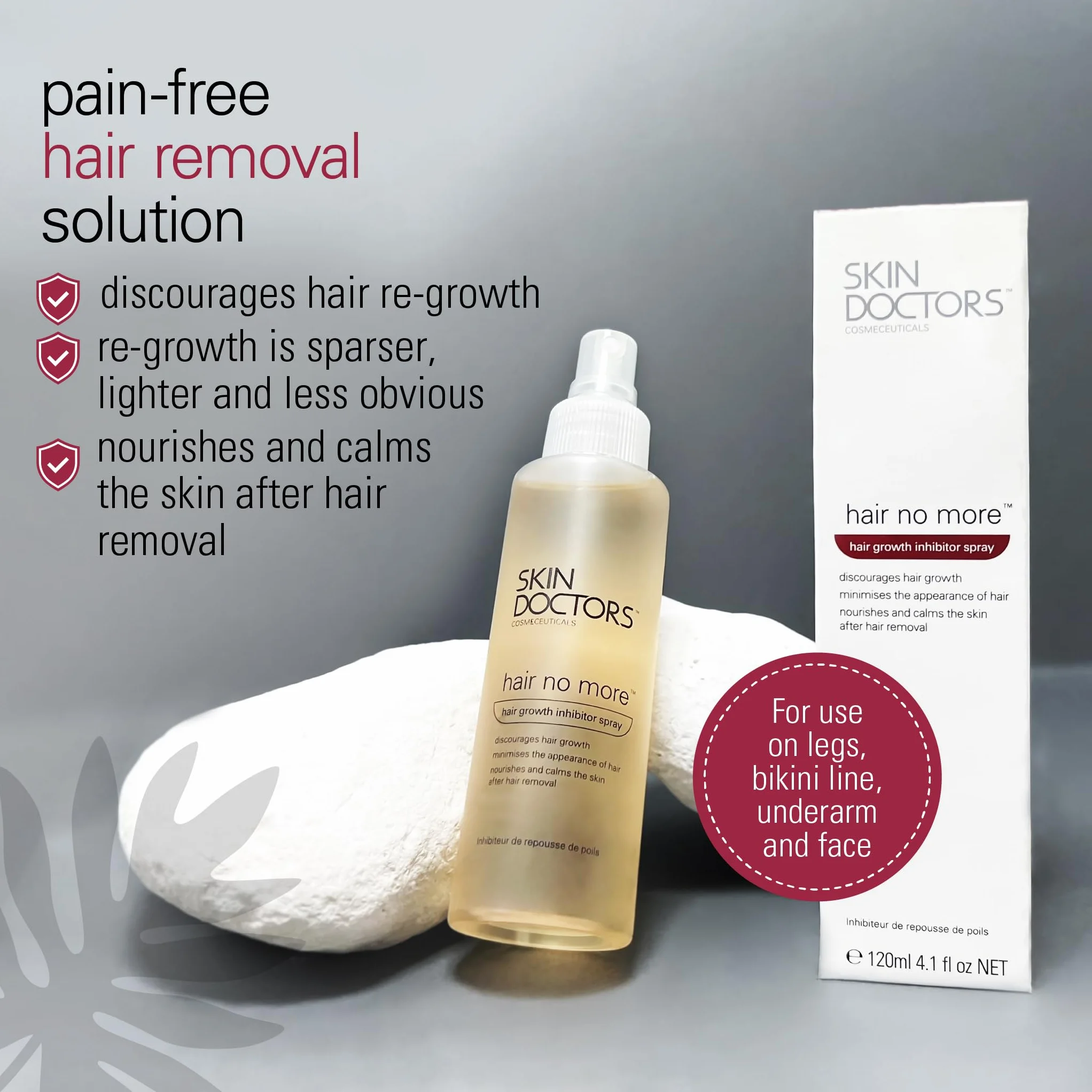 Skin Doctors Hair Inhibitor, spray inhibitor włosów, po goleniu, woskowaniu, depilacji, spowalnia wzrost włosów i pielęgnuje skórę. Do stosowania na nogach, linii bikini, pod pachami i twarz - 120 ml