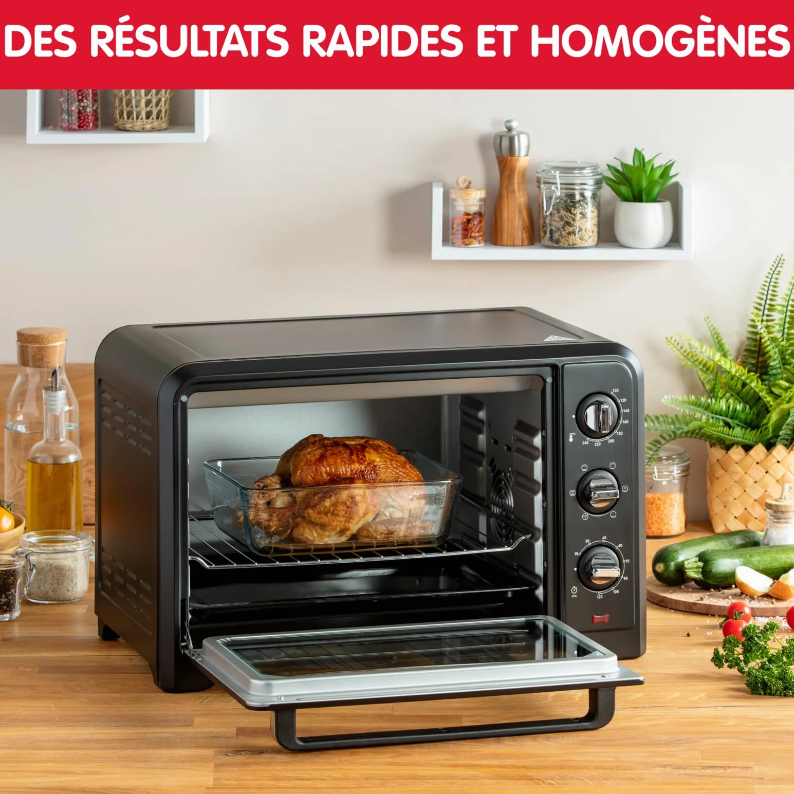 Moulinex Piekarnik 33 l, ogrzewanie obrotowe, zaawansowana konwekcja, 6 trybów gotowania, termostat regulowany do 240°C, timer 120 min, kratka odwracalna, uchwyty silikonowe, Optimo Black OX464811
