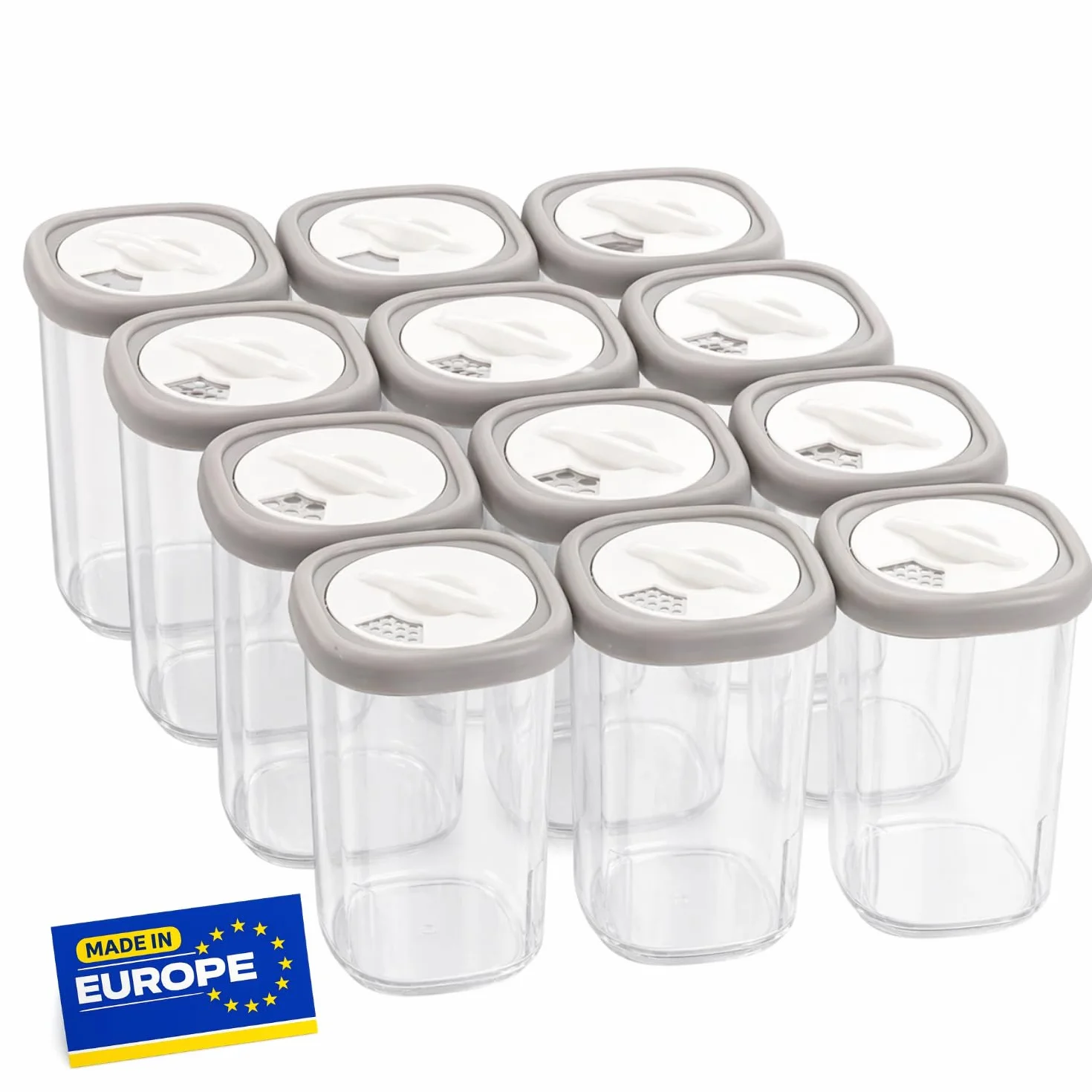 Zestaw 12 plastikowych pudełek na przyprawy, przezroczyste słoiki, BPA free, do kuchni i kempingu
