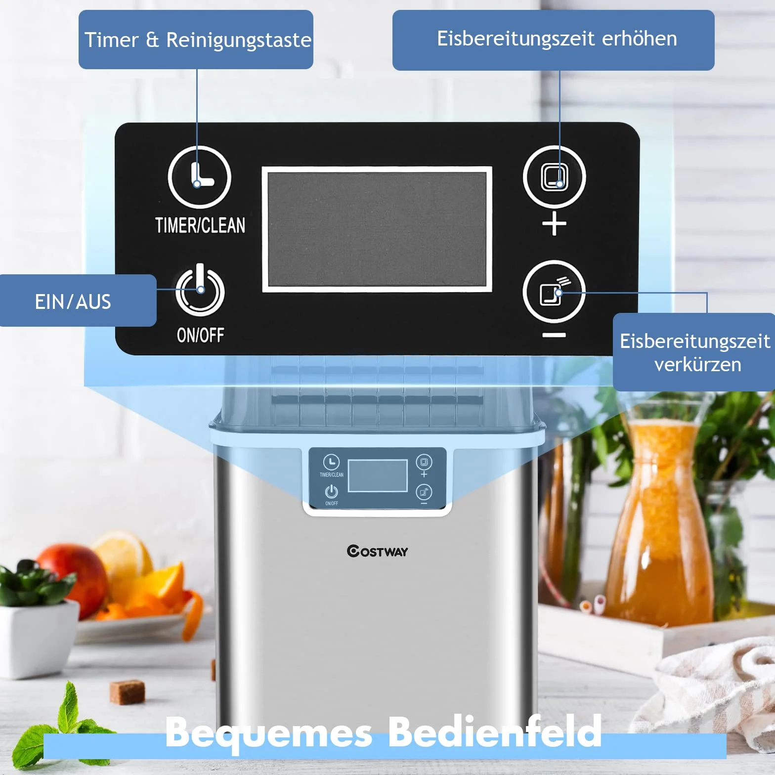 COSTWAY Kostkarka do lodu 3,2L, 24 kostki w 15 min, 18kg/24h, wyświetlacz LCD