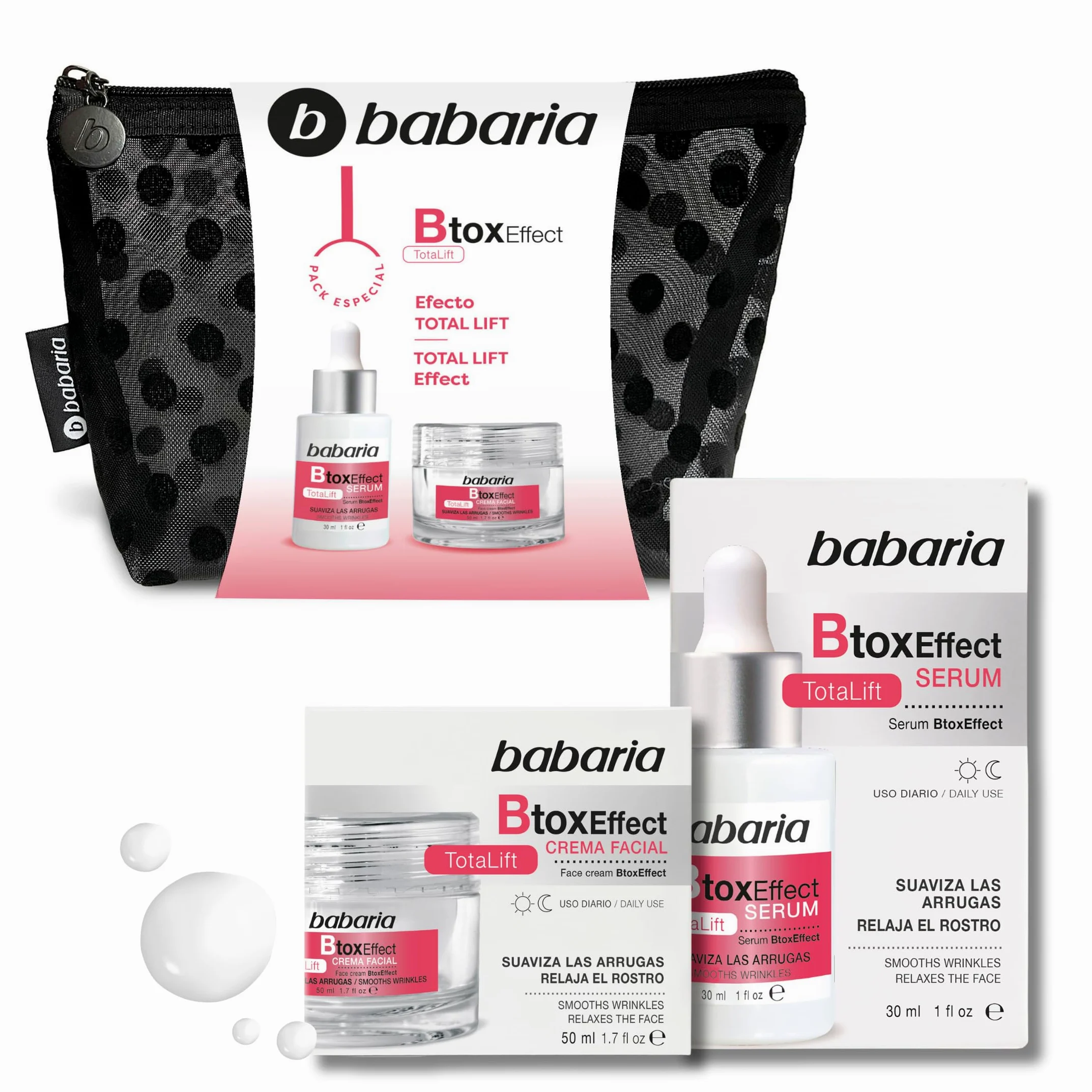 Babaria - Damska kosmetyczka w kropki z kremem nawilżającym do twarzy przeciwstarzeniowym i serum do twarzy dla kobiet przeciwstarzeniowych - podróżna kosmetyczka 19x8 cm | Krem przeciwzmarszczkowy