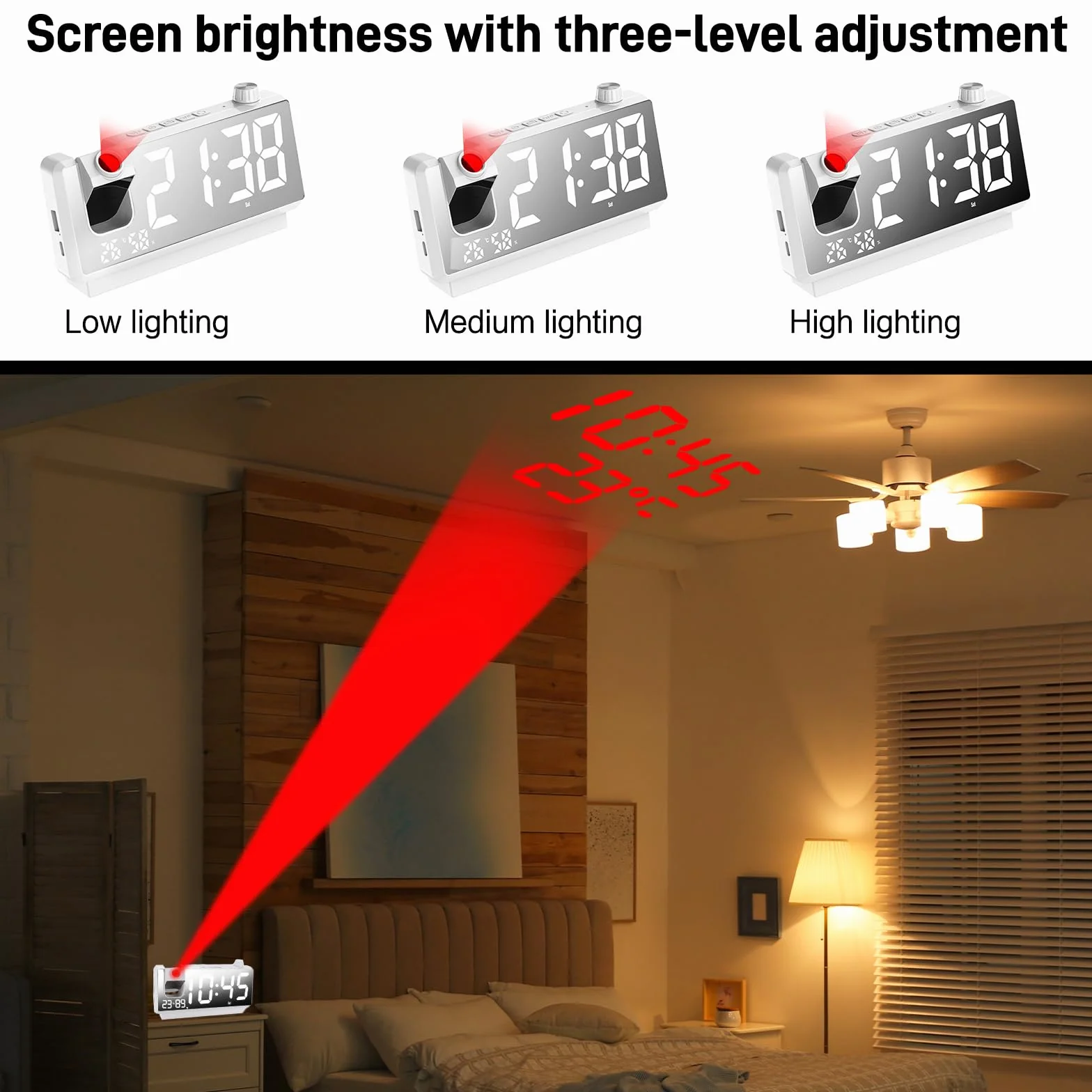 Budzik Cyfrowy z Projekcją LED 3 Poziomy Jasności USB 180° Temperatura Wilgotność 12/24H Biały