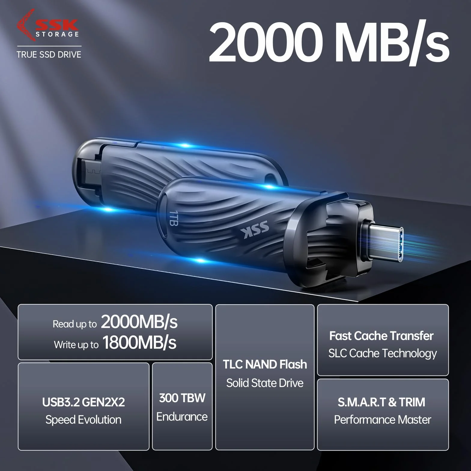 SSK Dysk SSD zewnętrzny 1TB USB C do 2000 MB/s, przenośny dysk SSD USB 3.2 Gen 2X2 Memory Stick, zewnętrzne dyski półprzewodnikowe o bardzo niskim poborze mocy