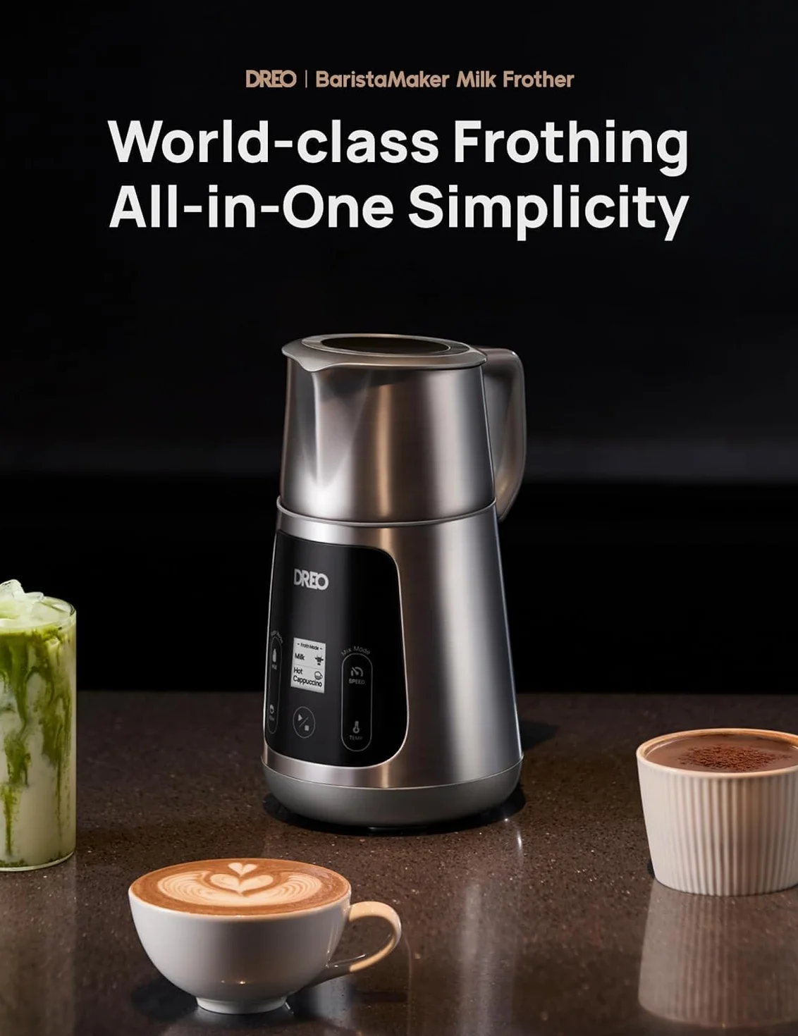 Dreo automatyczny spieniacz do mleka 800 ml Art Level, podgrzewacz do kawy latte
