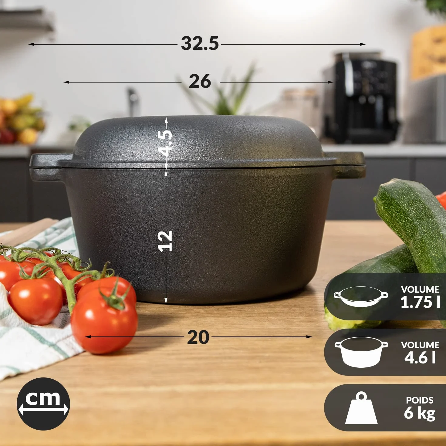 Chefarone Garnek Żeliwny 26 cm 4,6 l z Koszykiem do Wyrastania i Szpatułką