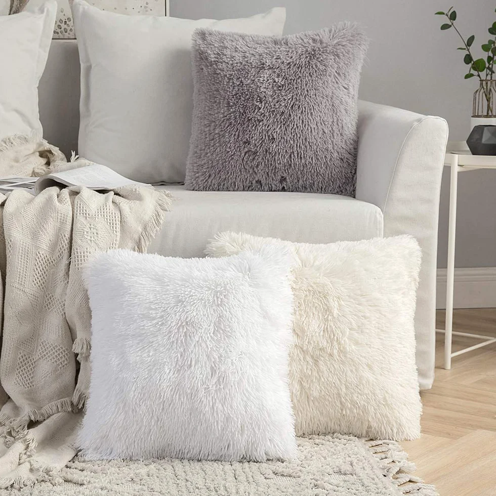 MIULEE zestaw 2 poszewek na poduszki ze sztucznego futra 45 x 45 cm kremowo-białe