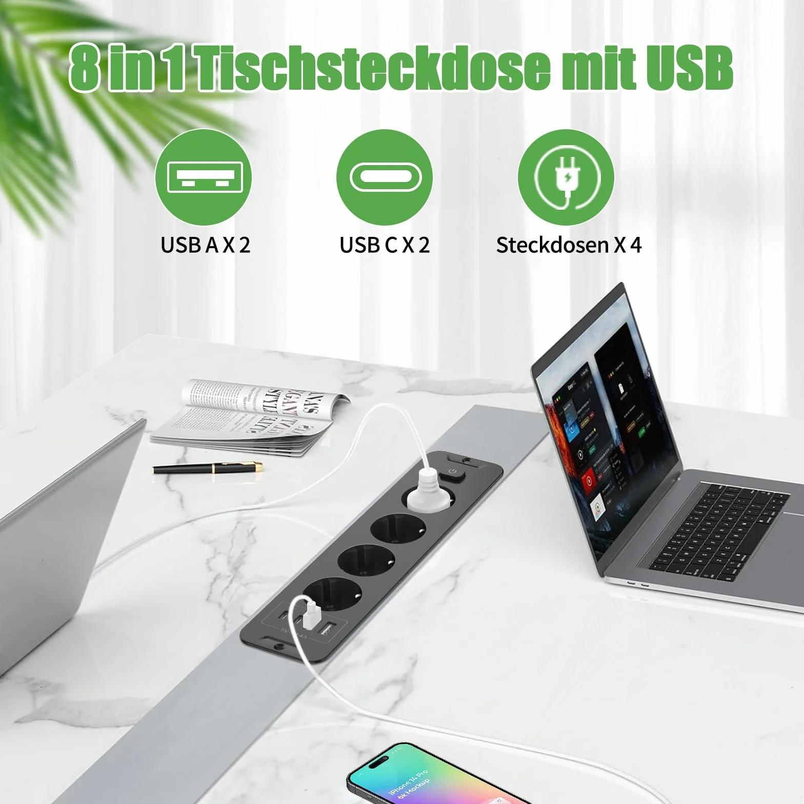 Listwa zasilająca stołowa z 4 gniazdami wtykowymi z 2 portami USB i 2 typami C, wpuszczane gniazdko z kablem 2 m, 250 V/16 A, do mebli lub powierzchni roboczych, czarna