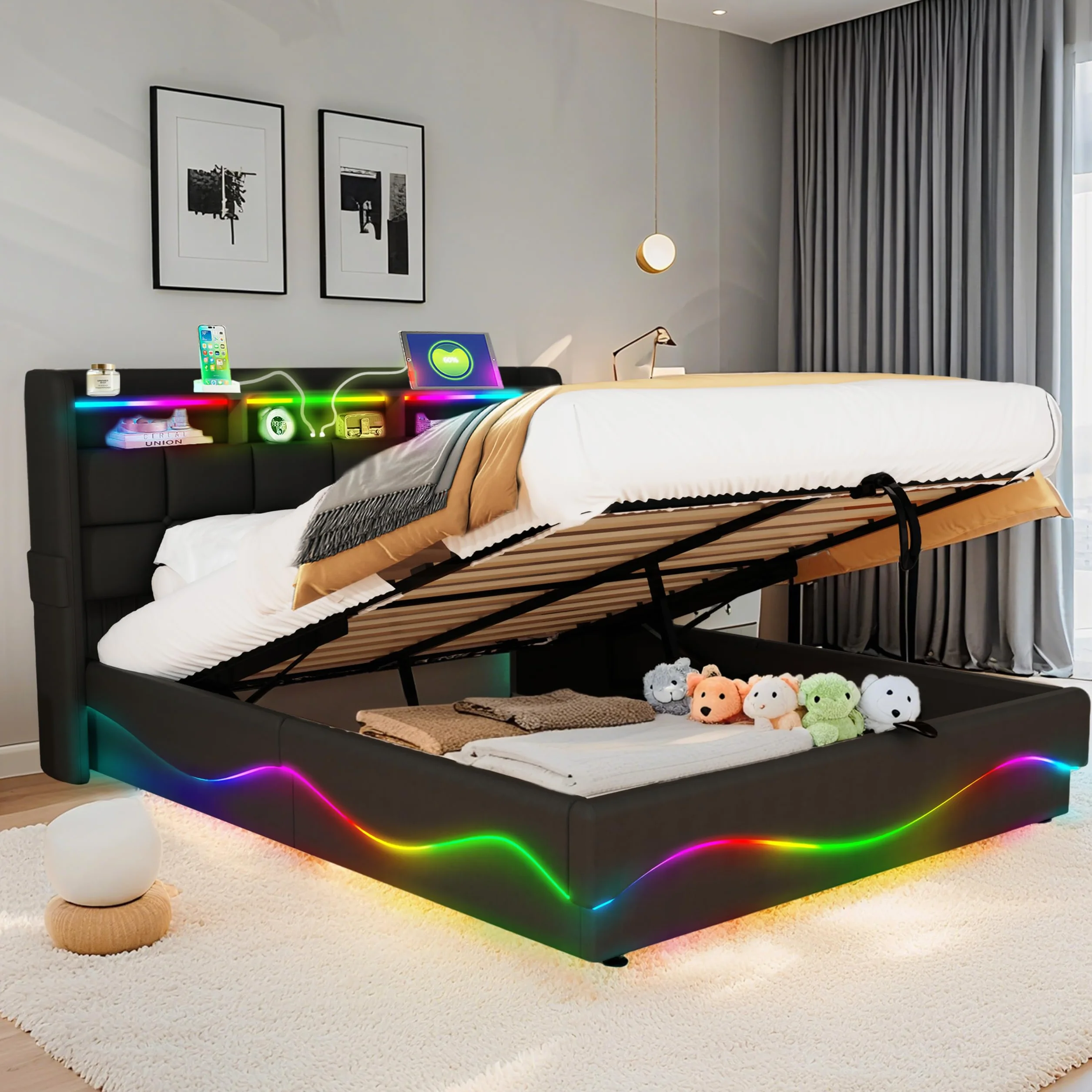 Łóżko z Pojemnością 140x200 cm LED USB/Type-C Stacja Ładowania Skóra Czarny