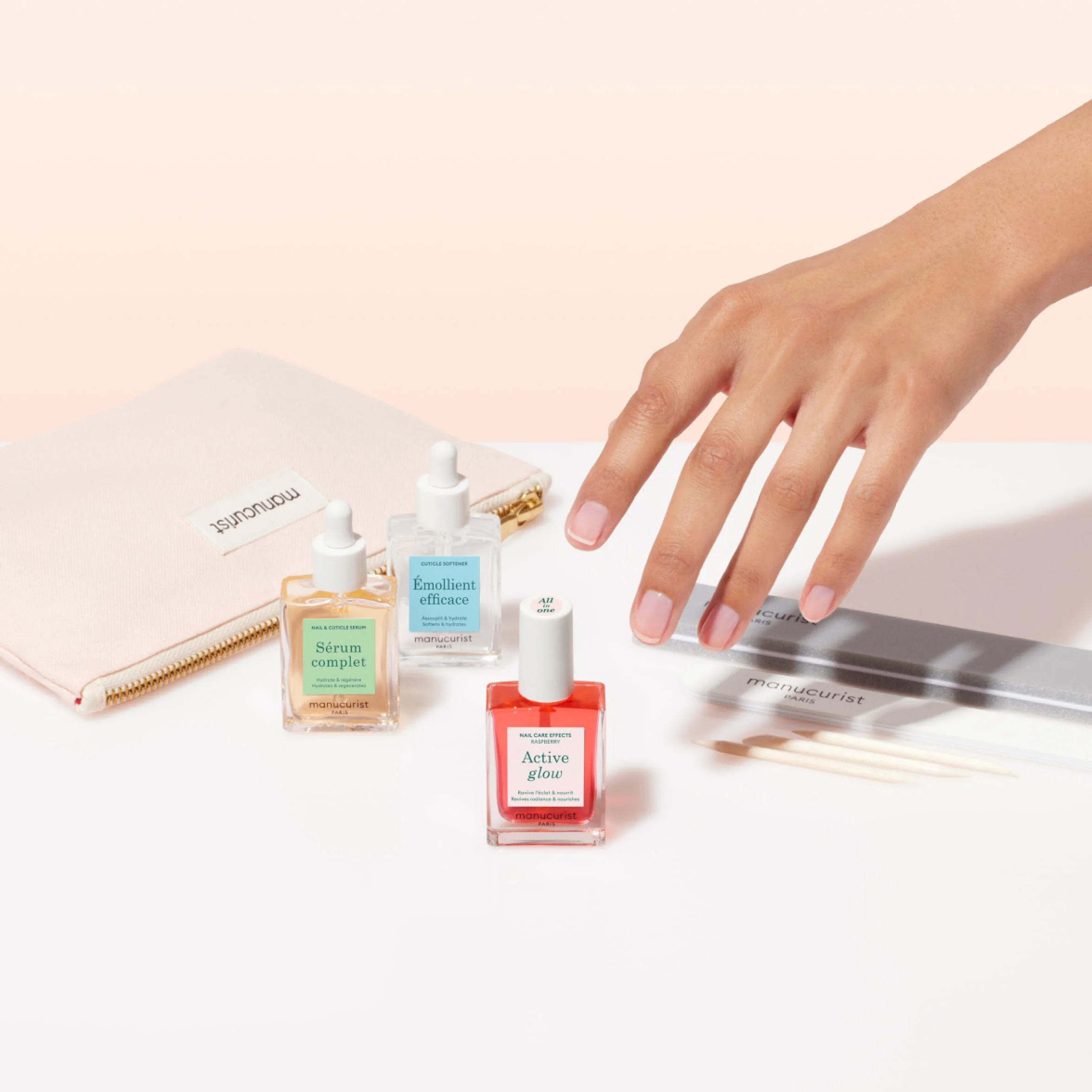 Manucurist Active Glow Zestaw do manicure, profesjonalny, wegański, wyprodukowany we Francji, 1 pilnik, 1 bufor, 1 przyrząd do skórek, 3 łopatki do skórek, 1 Active Glow, 1 kompletne serum, prezent