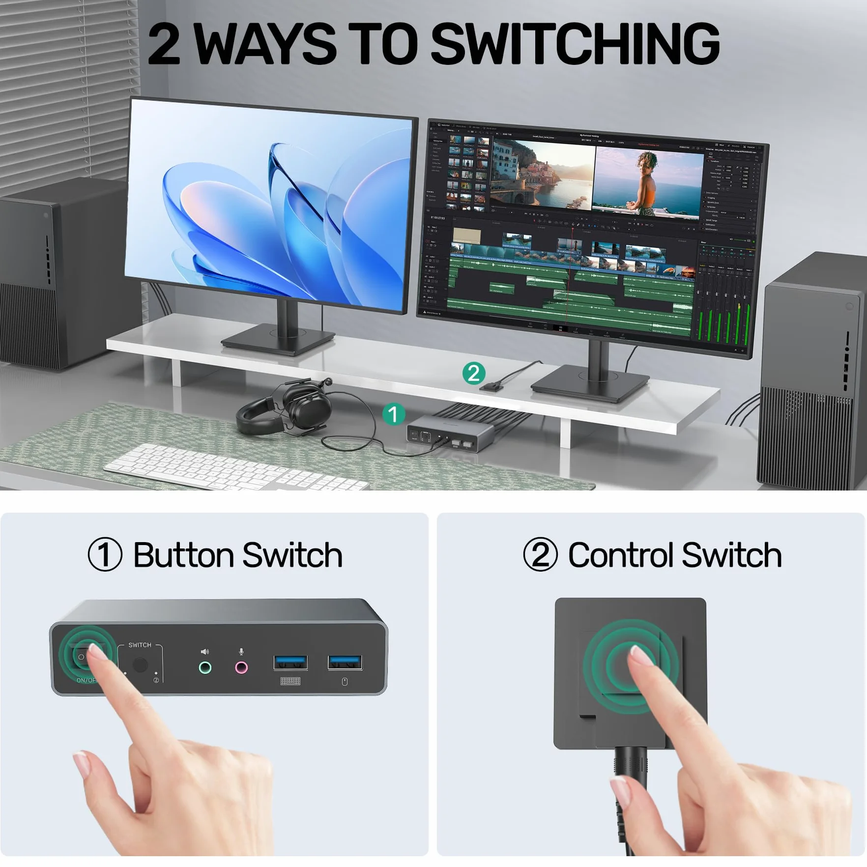 SUIDEK Przełącznik HDMI Displayport KVM, 2 komputery, 2 monitory, 4K 60 Hz, przełącznik KVM, podwójny monitor do 2 PC, 3 porty USB 3.0, obsługa trybu Extended/Mirror z kontrolerem na pulpicie i 2