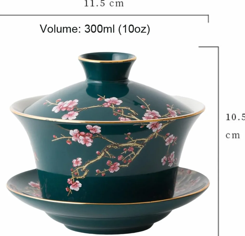 Porcelanowy gajwan YBK Tech 295 ml do herbaty kung fu z pokrywką i spodkiem, tradycyjny chiński, wzory śliwkowe (zielony)