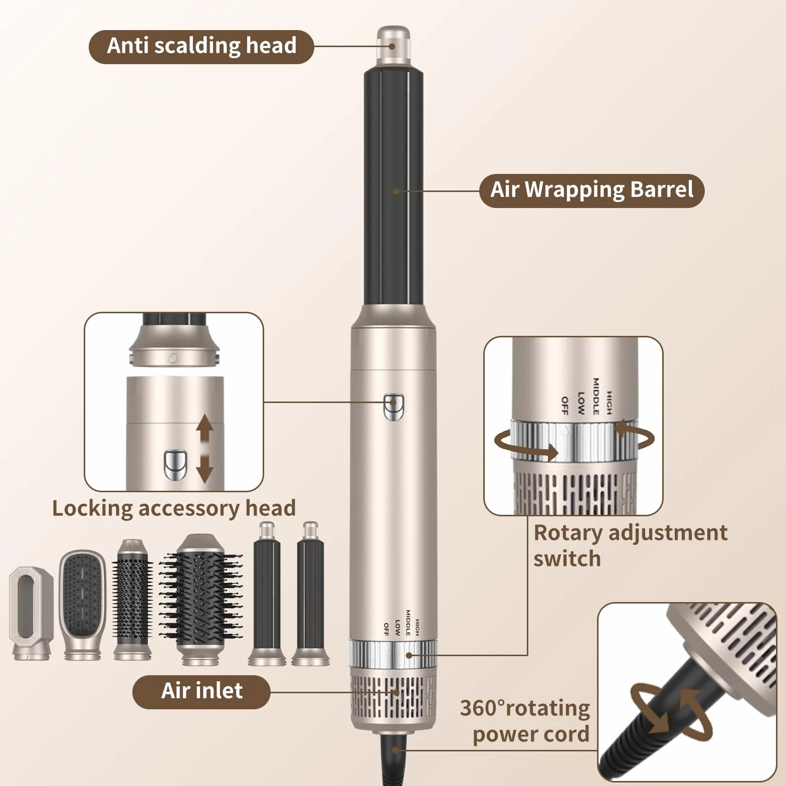 Zestaw 6 w 1 Airstyler z suszarką do włosów, szczotką, suszeniem, prostowaniem, lokami i objętością, grzebieniem do masażu z jonową pielęgnacją