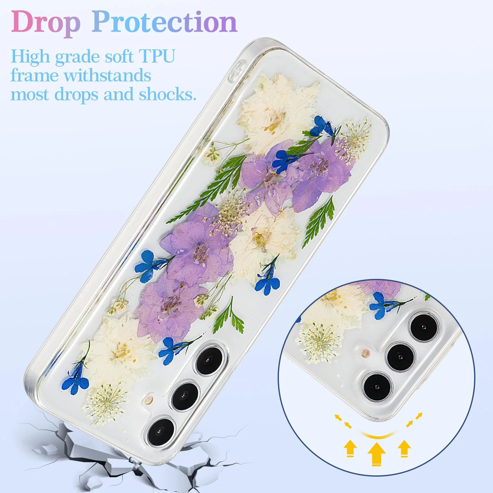 EYZUTAK Etui z suszonymi kwiatami do Samsung Galaxy A55 5G, miękkie, cienkie etui z TPU, przezroczyste, błyszczące, gwiazdy, brokatowe, silikonowe, żelowe, odporne na wstrząsy, kwiat, chroniące etui z