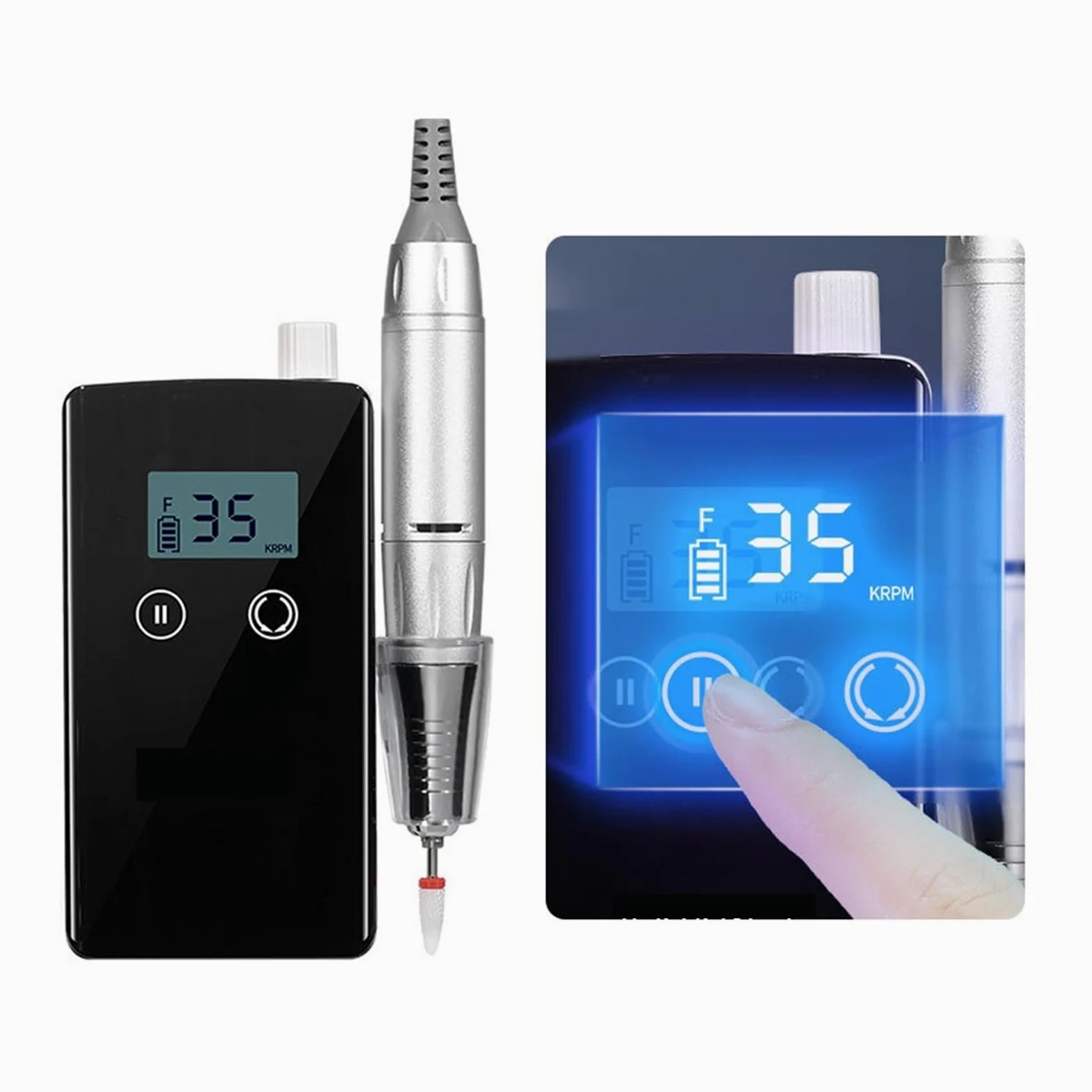 Wiertarka do paznokci, Wiertarka do paznokci 35000RPM z wyświetlaczem LCD HD, akumulatorowy mistrz zdobienia, przenośna frezarka do użytku domowego(Nero)