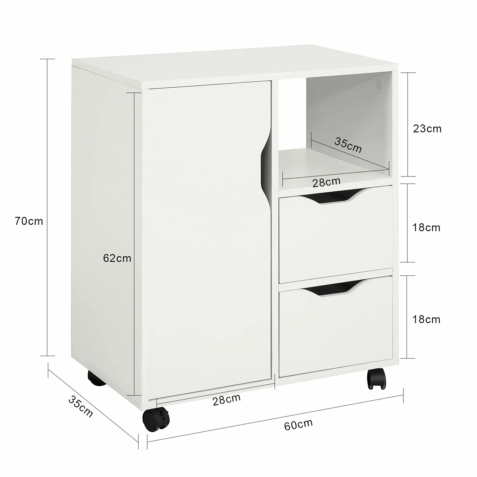 SoBuy Szafka na Drukarkę 2 Szuflady 1 Drzwi Mobilna na Kółkach Biała 60x35x70 cm FBT105-W