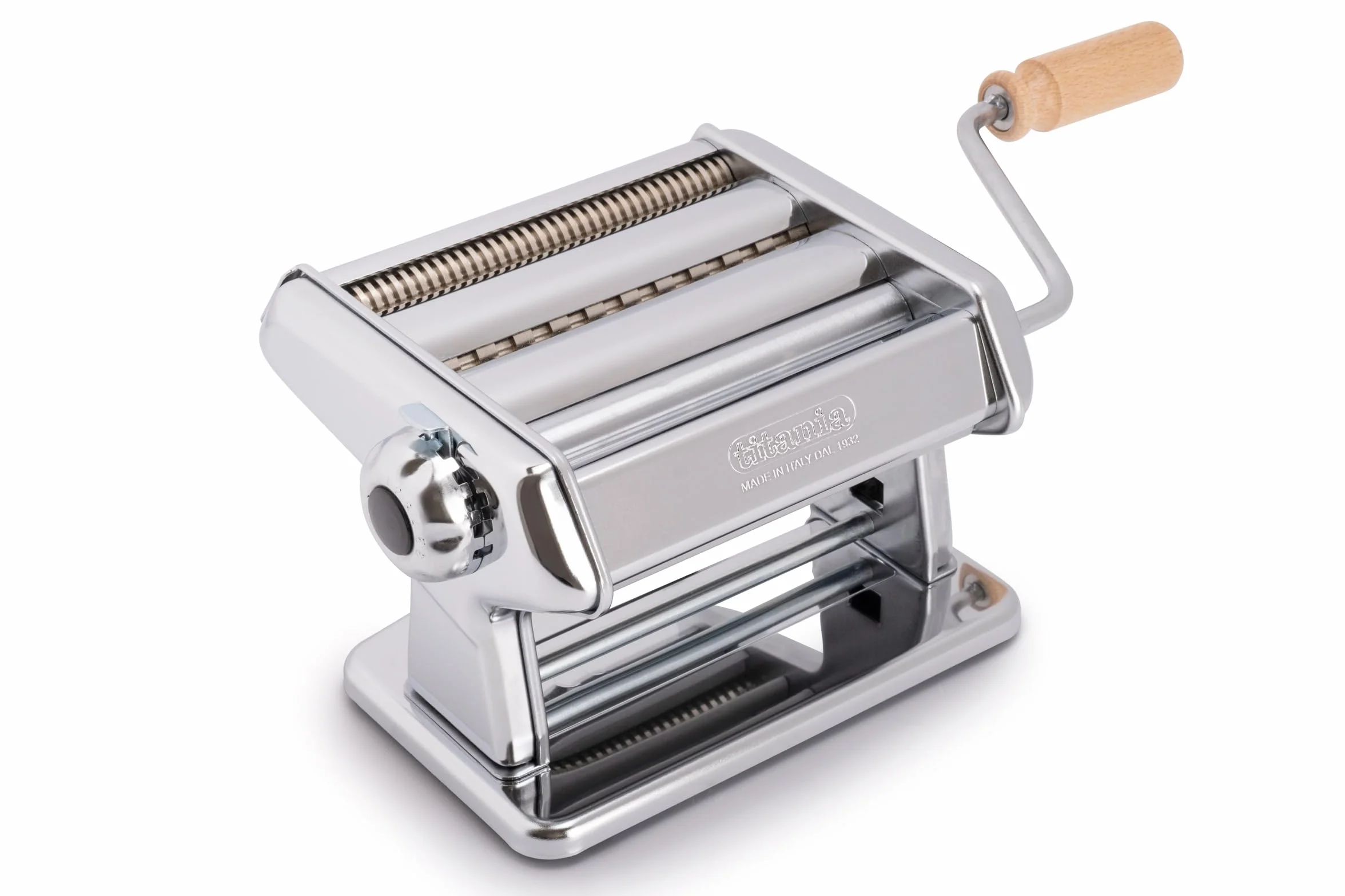 Imperia Titania IPASTA Maszyna do makaronu w 100% Made in Italy. Maszyna do świeżej pasty stalowej. Ręczna maszyna do przesuwania z korby. Utwórz przeglądarkę dla Lasagne, Tagliolini, Fettuccine.