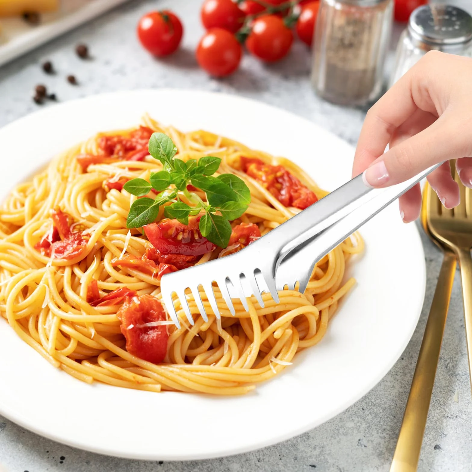 Zestaw 3 łyżek do spaghetti zawiera szczypce do makaronu, chochlę do makaronu i porcjowanie spaghetti, szczypce do spaghetti z zębami, szczypce ze stali nierdzewnej, odpowiednie do pieczenia i