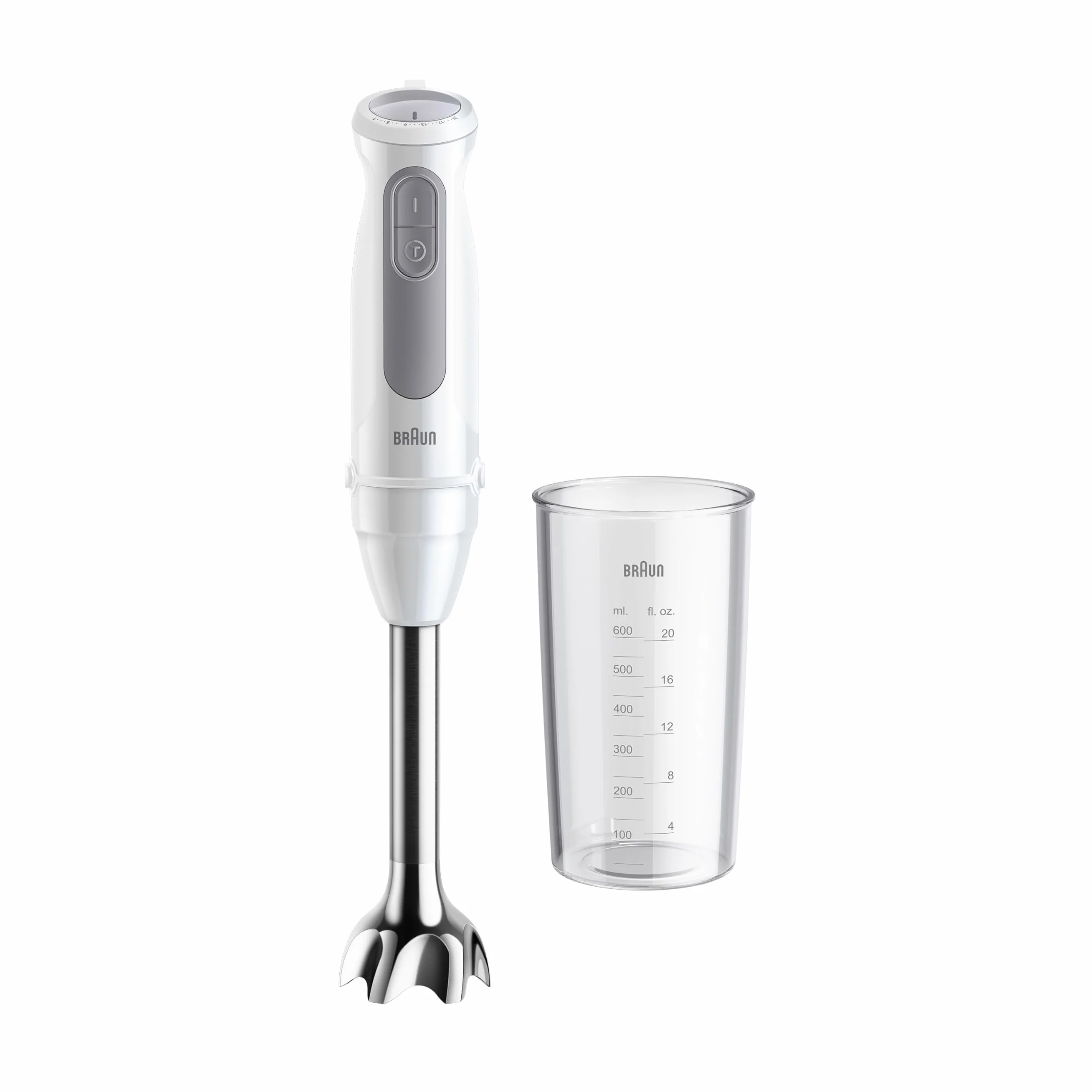 Braun MultiQuick 5 MQ 50001 M, mikser ręczny, z technologią PowerBell Plus, Minipimer, 21 prędkości+Turbo, System Easy Click Plus, ergonomiczny mikser, stalowy wałek, kubek 600 ml, 1000 W, biały