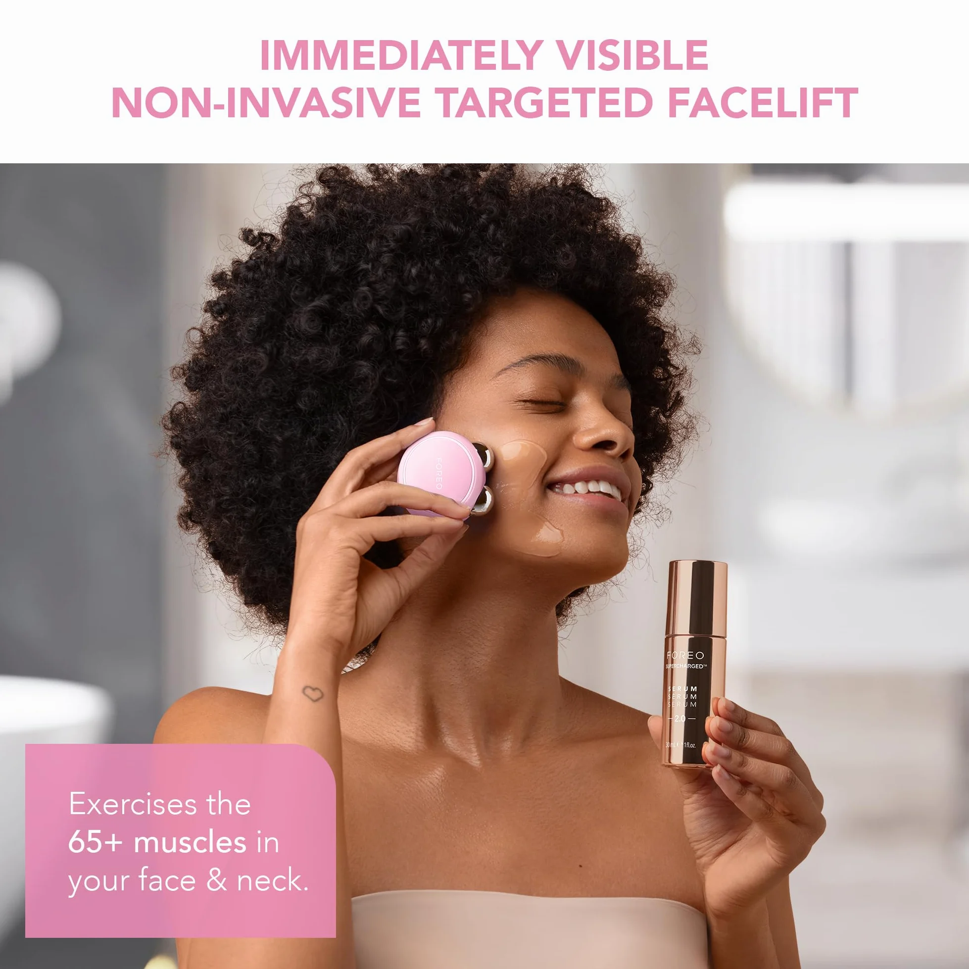 FOREO Firm & Fabulous Bear mini Pink + serum serum 30 ml | mikroprądowe urządzenie do twarzy | natychmiastowy lifting | podwójny przyrząd do usuwania podbródka | prezenty | pielęgnacja twarzy zestawy